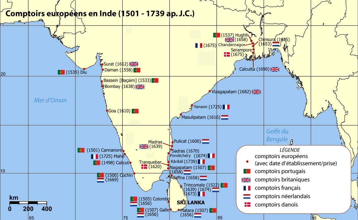 Comptoirs anglais, danois, français, néerlandais et portugais en Inde (XVIe-XVIIe) -