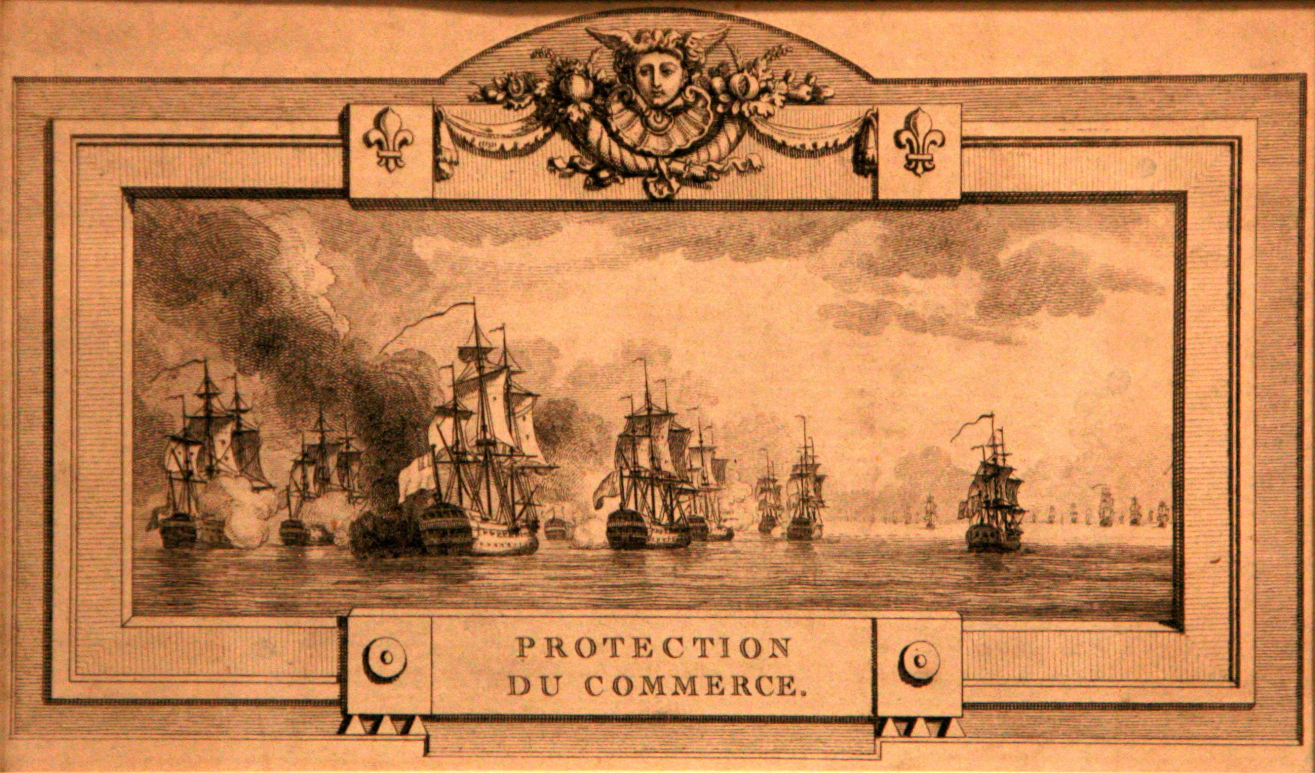 la protection du commerce est une des missions de la Royale -- Gravure du XVIIIe par Rama -