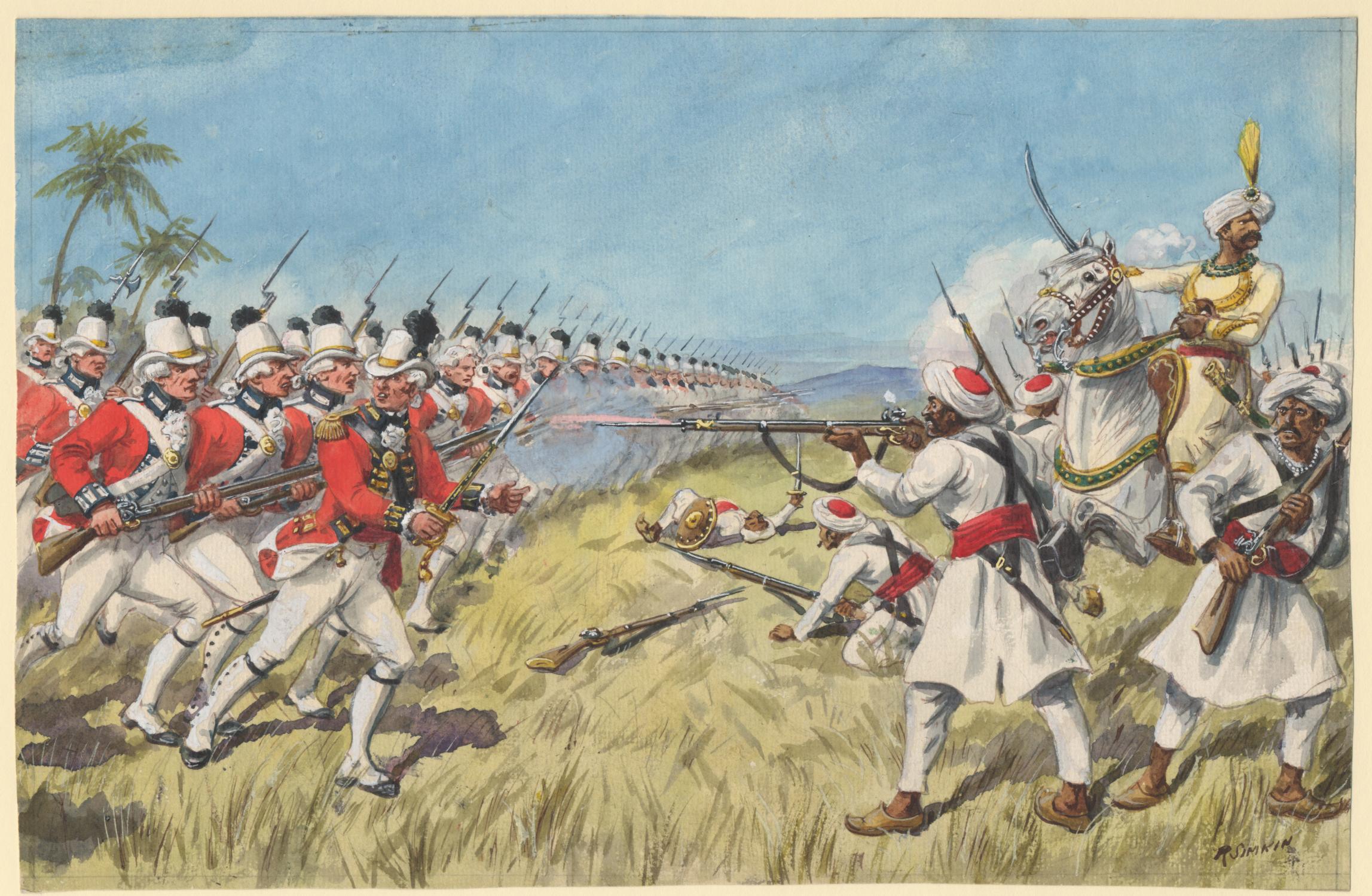 Lors du siège de Gondelour, l'armée de Stuart est tenue en échec -- Peinture de Richard Simkin, Brown University. -