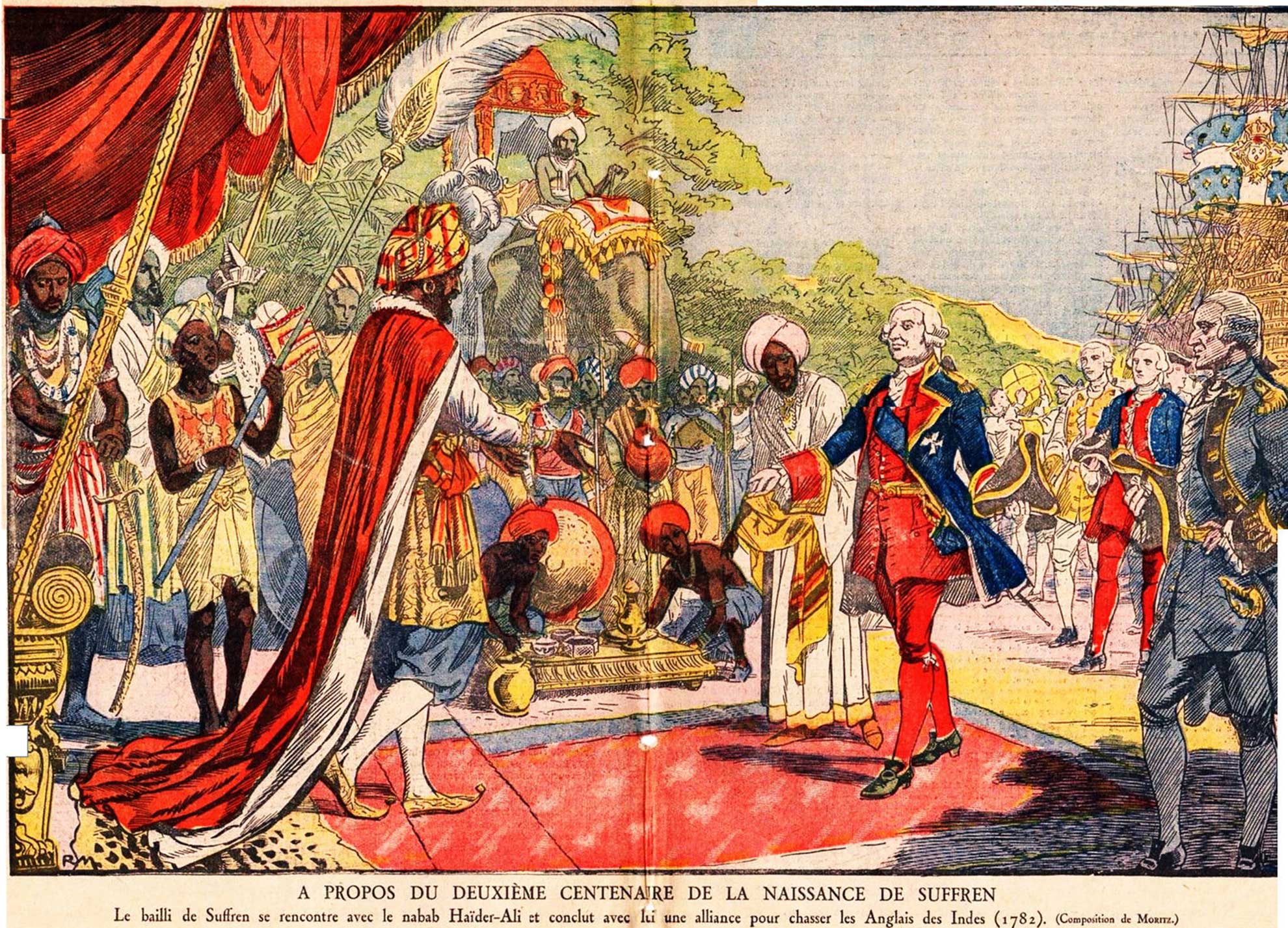 Le bailli de Suffren concluant une alliance avec le nabab Haïder-Ali pour chasser les Anglais des Indes (1782) par Moritz. -
