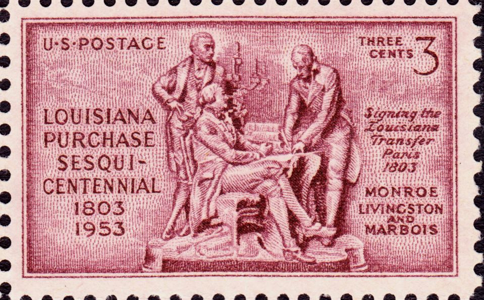 Timbre commémorant en 1953 le 150ème anniversaire de l'achat de la Louisiane -- Bureau of Engraving and Printing - US Post Office. -