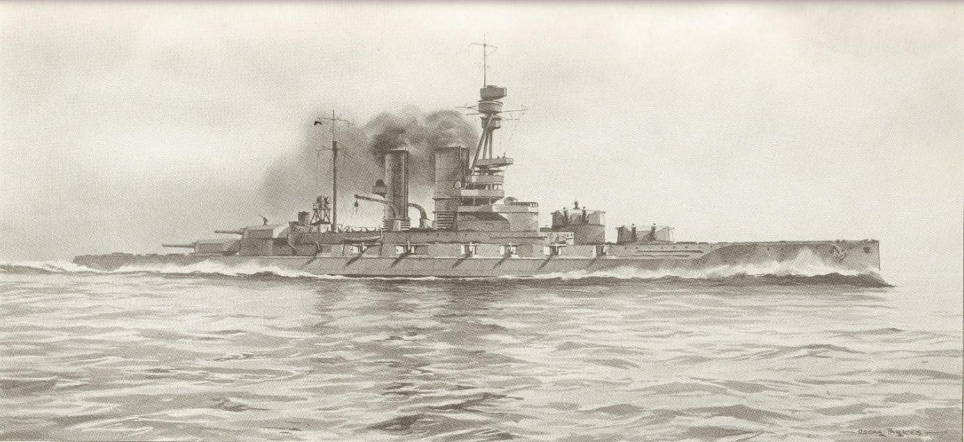 Croquis du SMS Bayern, premier cuirassé à porter des canons de 380mm, réalisé par le British Naval Intelligence. -