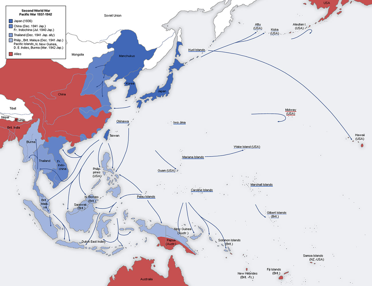 Carte des avancées japonaises de 1937 à 1942 -- Document CC San José -