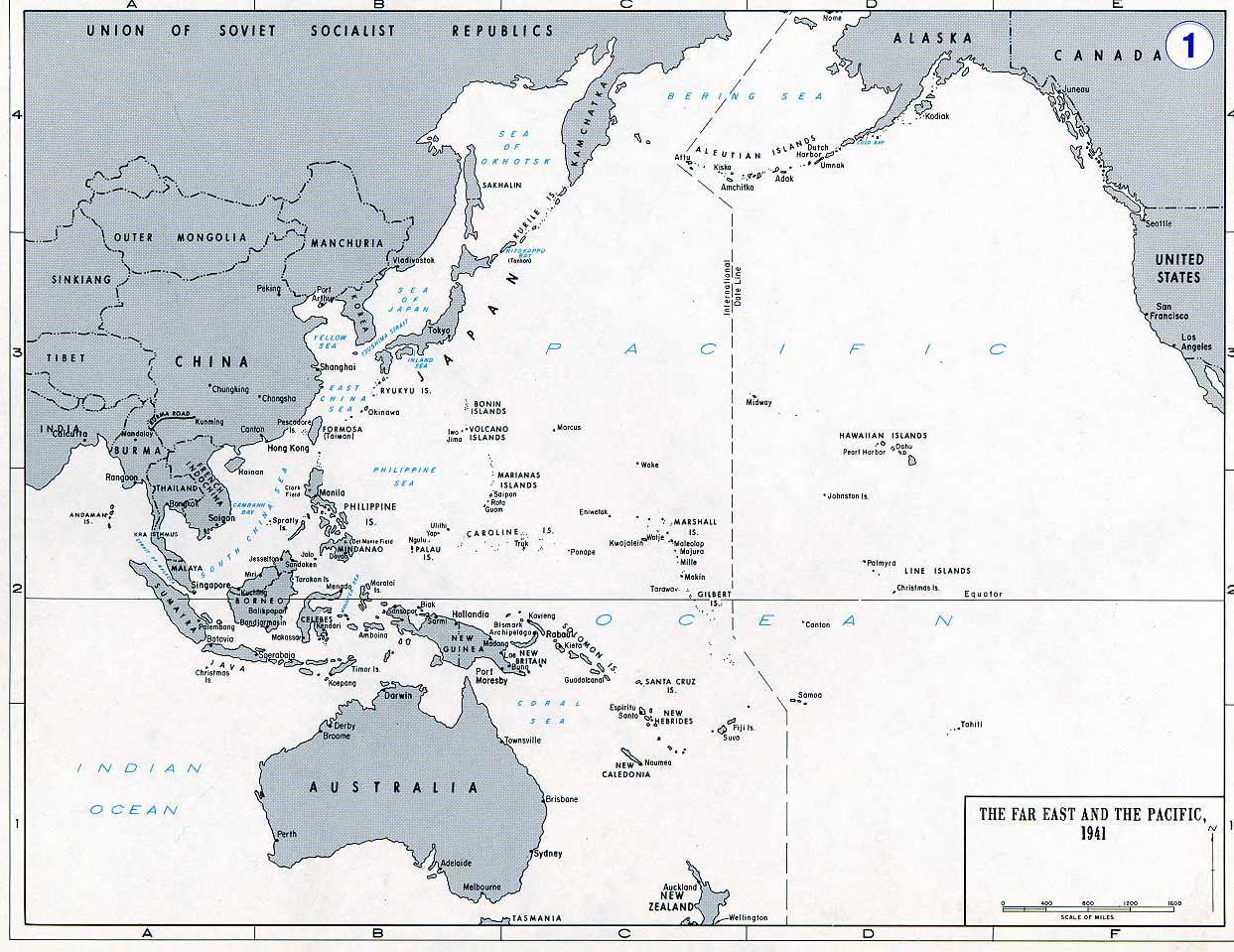 Carte de l'Extrême-Orient et du Pacifique en 1941. Source: Académie militaire de West Point. -