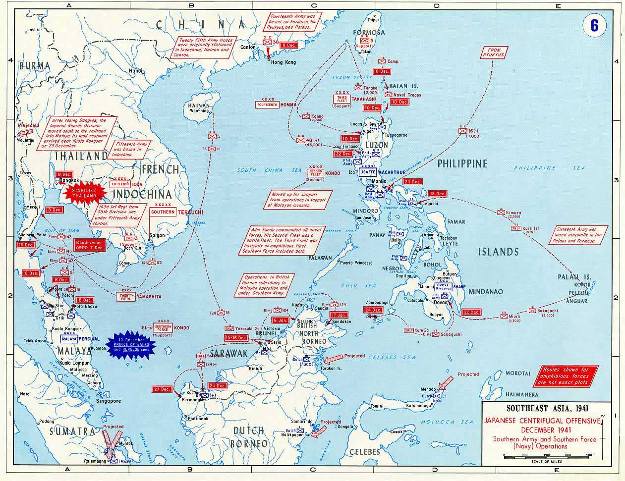 Carte de l'offensive centrifuge japonaise en 1941 -- Source: Académie militaire de West Point. -