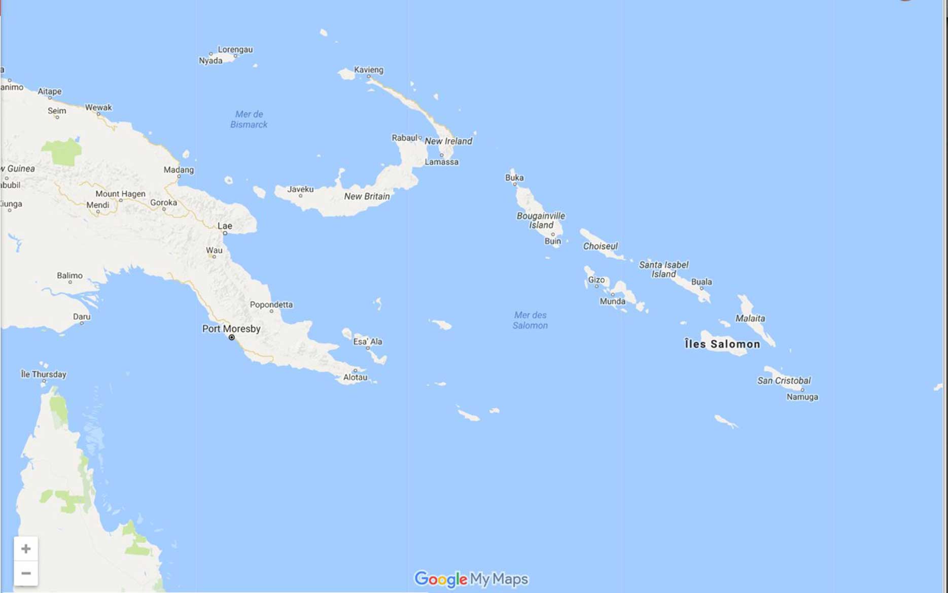 Iles Salomon et Port Moresby -- Carte Google Map. -