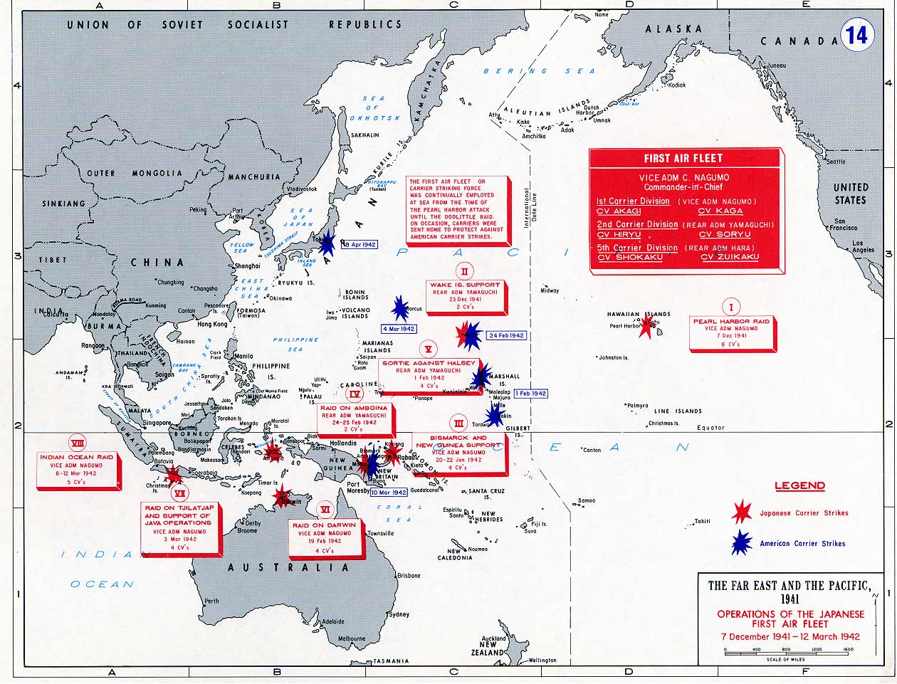 Opérations de la 1ère Flotte aéronavale japonaise du 7.12.41 au 12.3.42 -- Source: Académie militaire de West Point. -