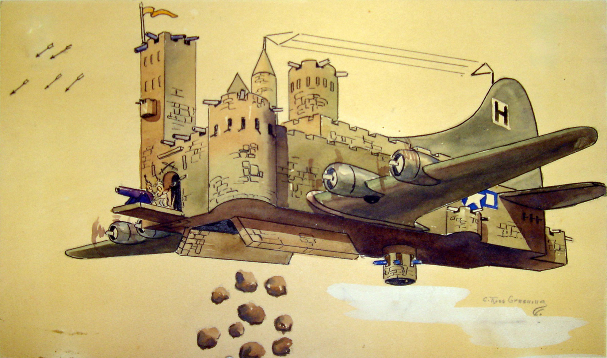 Gravure de C. Ross Greeningn pilote de l'USAAF (Équipe Doolittle) prisonnier de guerre en Allemagne -- Document USAAF. -