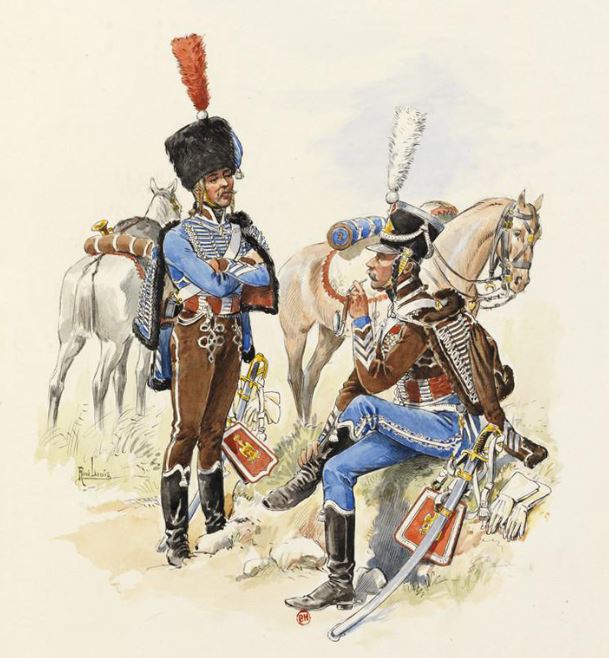 Brigadier-trompette et Adjudant du 2e Hussards en 1806 -- Photo BNF. -