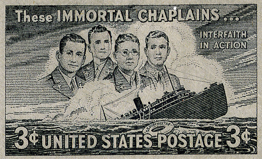 In 1948 the U.S. Postal Service issued this stamp to honor the four chaplains. U.S. Air Force photo. -