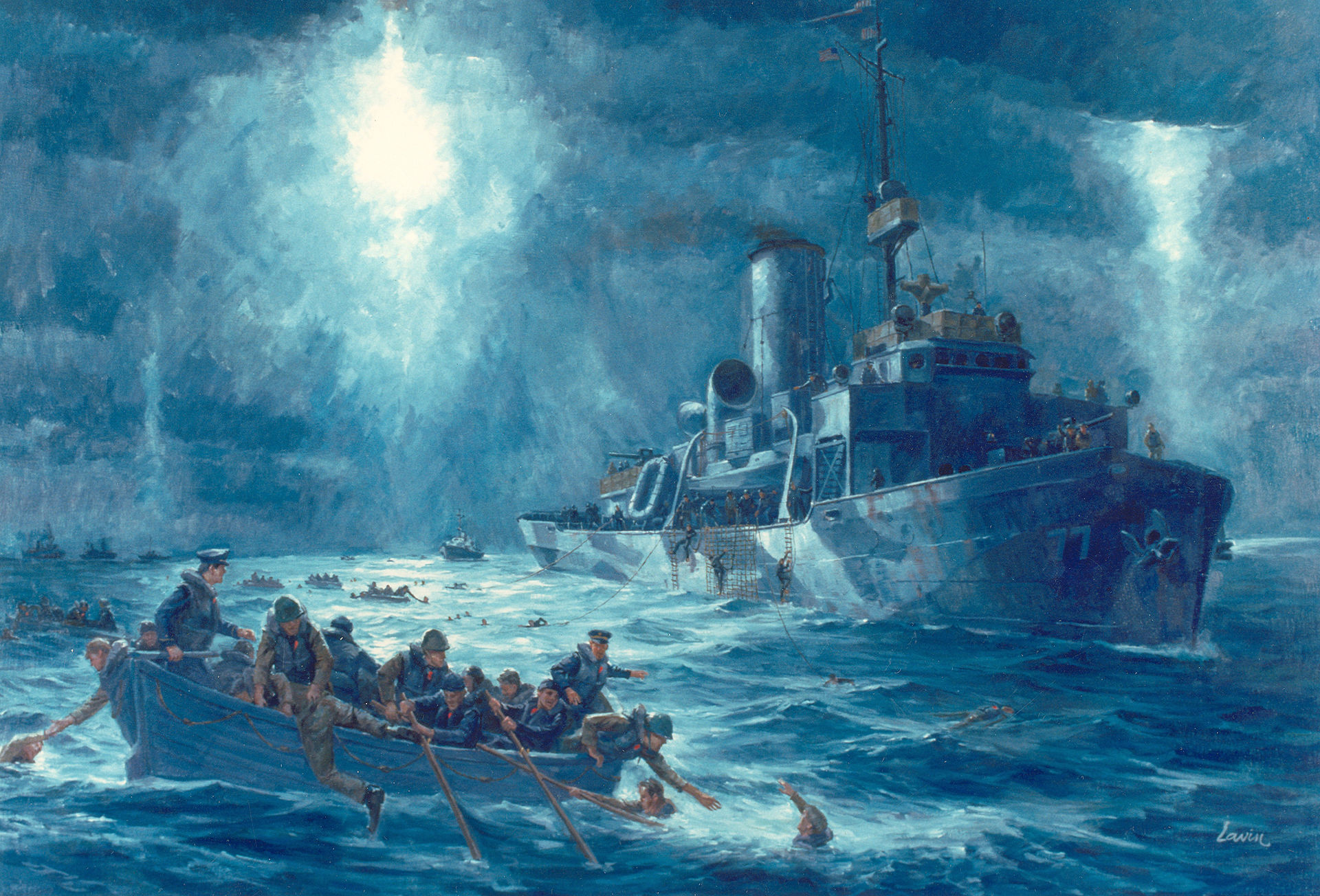 Painting of the rescue of USAT Dorchester survivors by USCGC Escanaba (WPG-77) on 3 February 1943 in the North Atlantic Ocean. -