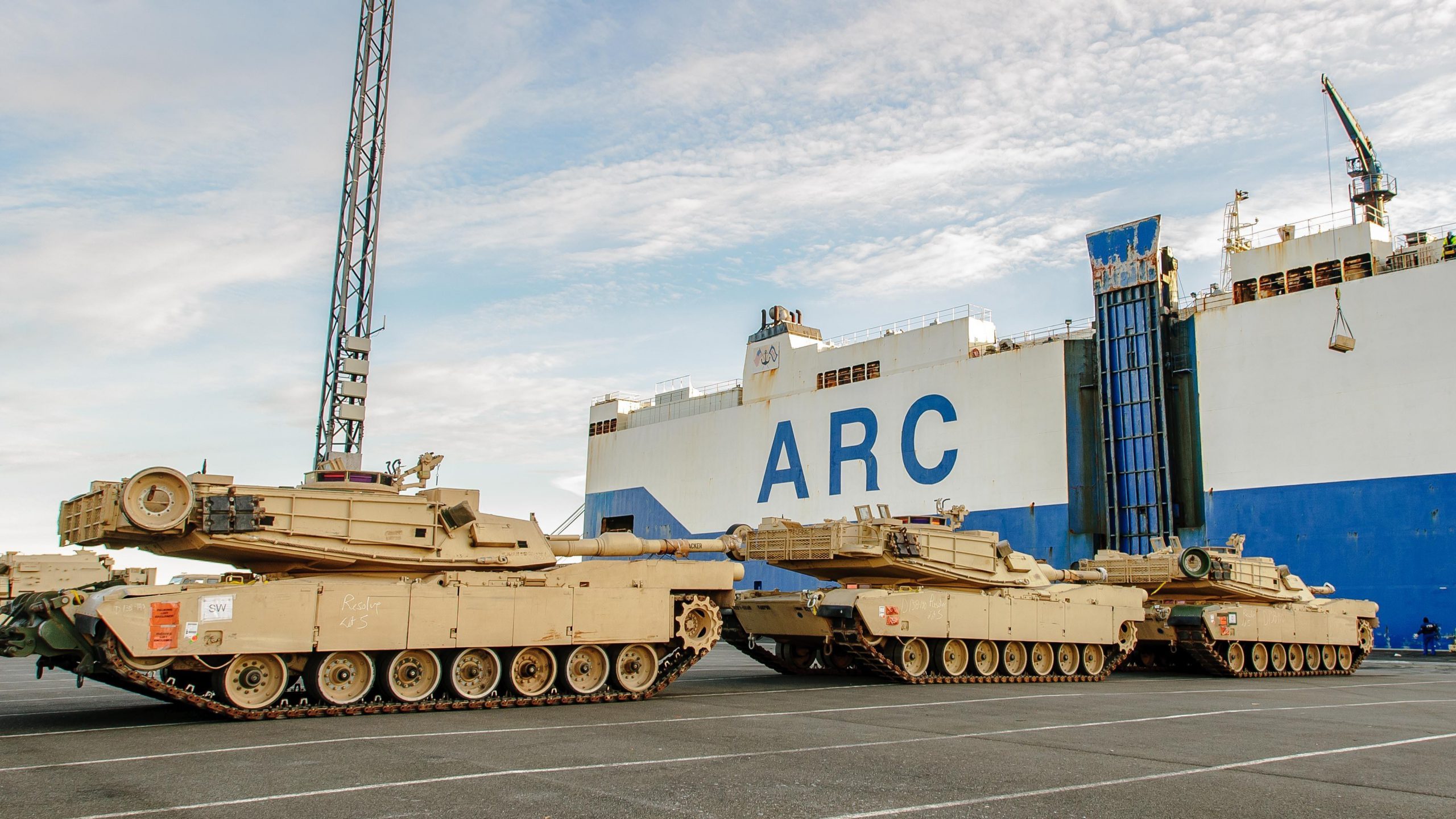 M1A2 Abrams tanks and other military vehicles belonging to the 3rd Brigade Combat Team, 4th Infantry Division disembark from the ship ARC Resolve at the port in Bremerhaven, Germany, Jan. 6, 2017. The team’s arrival marks the start of back-to-back rotations of armored brigades in Europe as part of Operation Atlantic Resolve. Army photo by Staff Sgt. Micah VanDyke. -