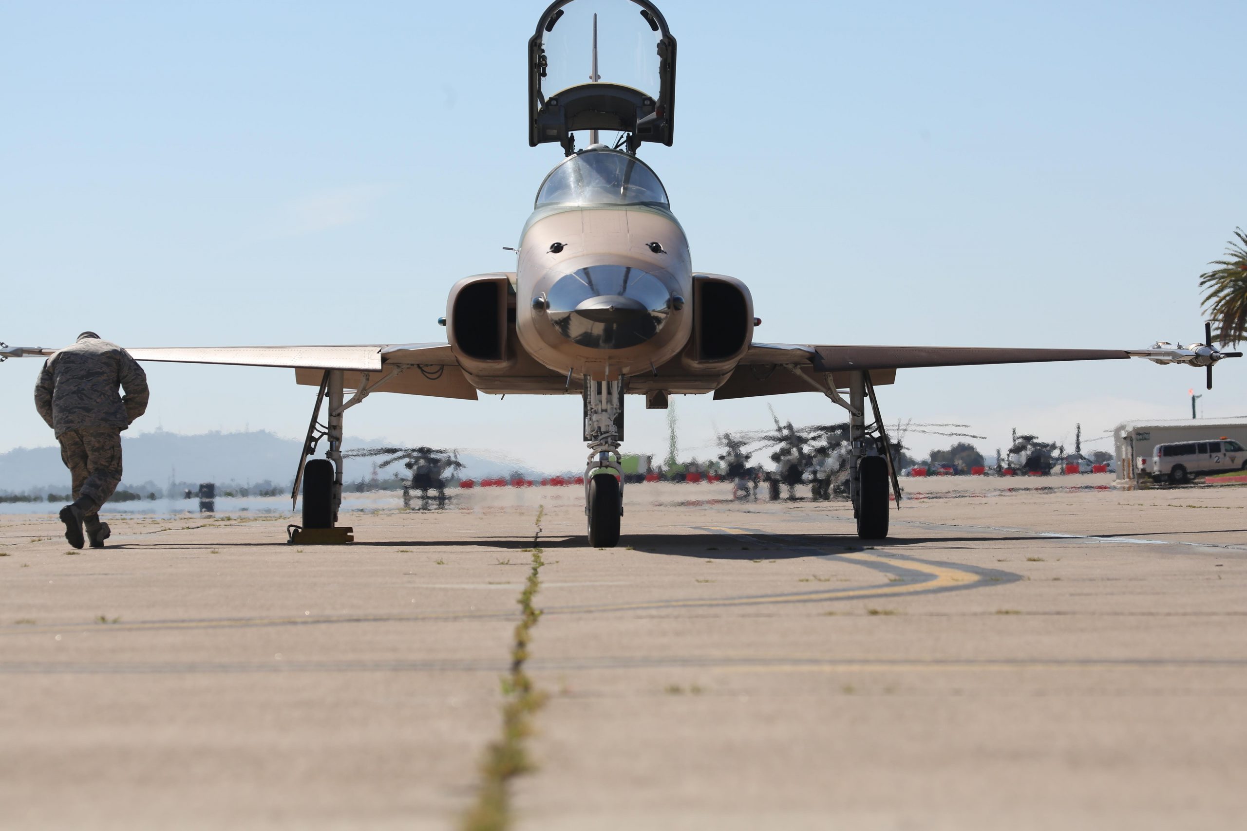 F-5N Tiger II fighter jets with Marine Fighter Training Squadron 401 train with Marine Fighter Attack Squadron 314 and the Air Force’s 310th Fighter Squadron at Marine Corps Air Station Miramar, Calif., March 16, 2017. This training allowed both services to experience different flight tactics and train with different aircraft. Marine Corps photo by Lance Cpl. Jake McClung. -