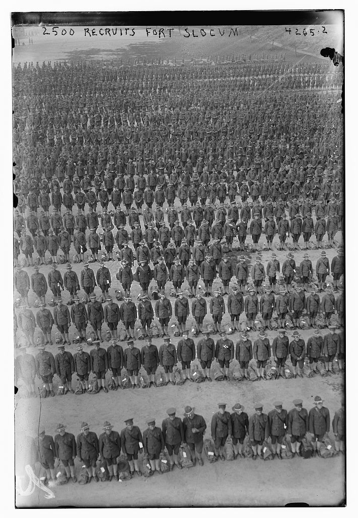 Recruits line up at Fort Slocum, N.Y., in 1917. The fort was one of the busiest recruit training stations in the nation. Library of Congress photo. -