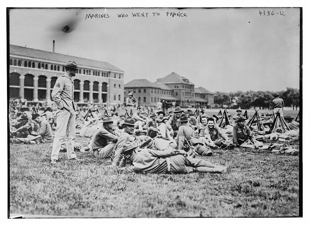 Marines take a break at the Philadelphia Marine Barracks before readying to board ships for France in 1917. Library of Congress photo. -