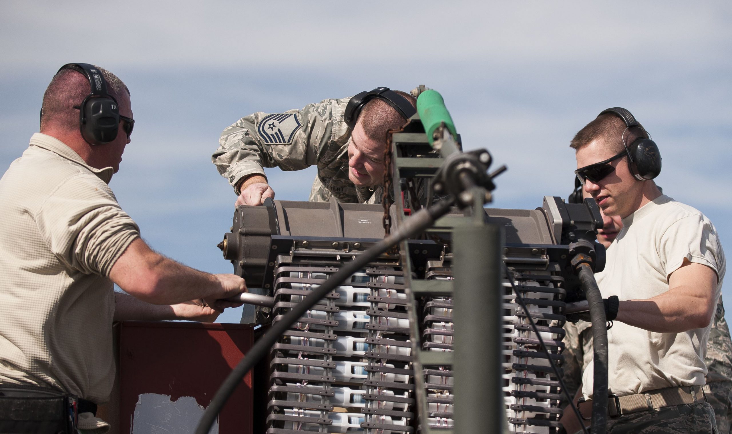 Members of the 122nd Fighter Wing load 30mm ammunition into the GAU-8 Avenger rotary cannon on an A-10C Thunderbolt II aircraft during Operation Guardian Blitz, Jan. 25, 2018, at MacDill Air Force Base, Fla. Guardian Blitz is a two-week joint exercise to improve service interoperability for combat search and rescue and close air support. U.S. Air National Guard photo by Staff Sgt. William Hopper. -