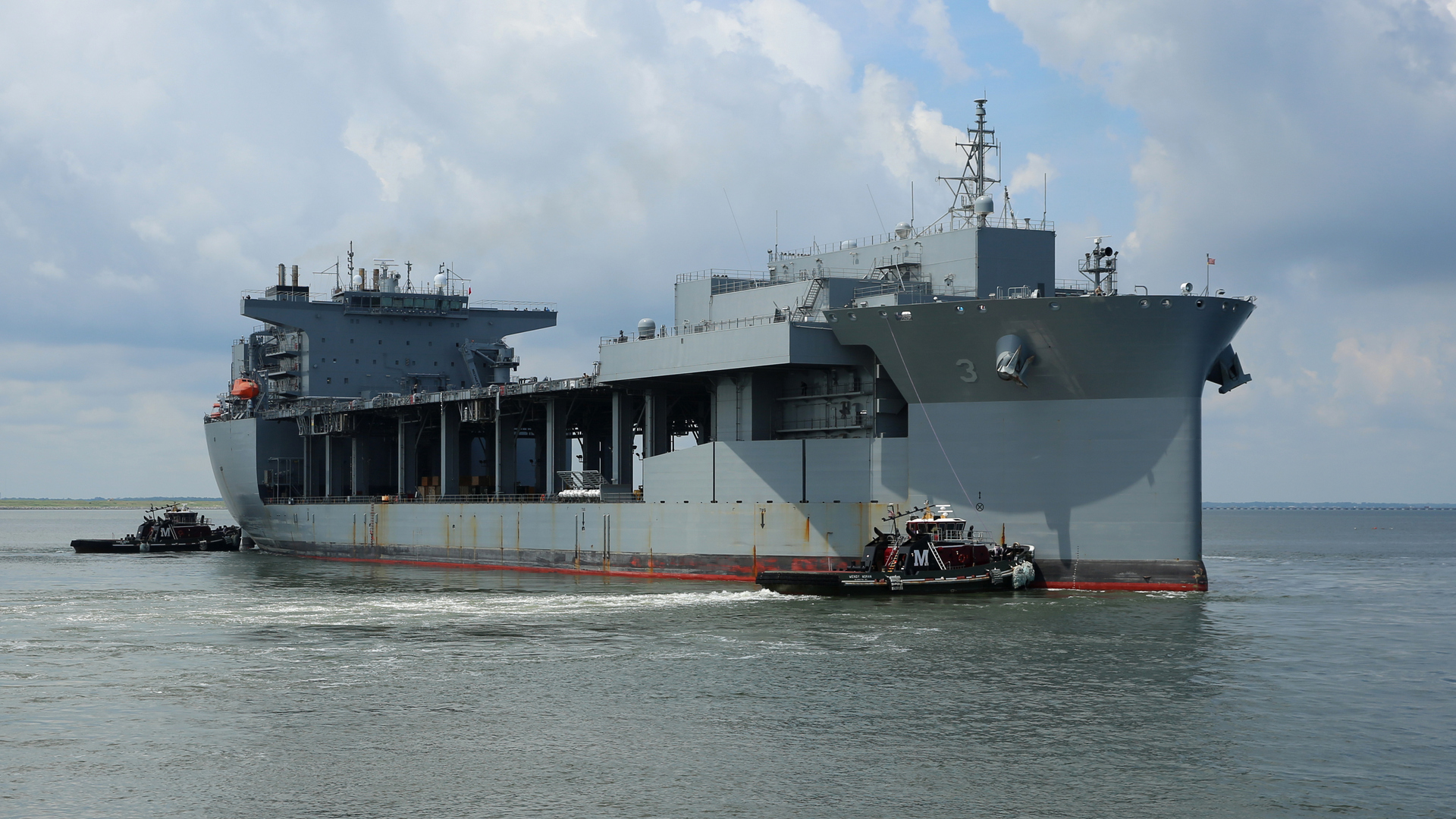 The Military Sealift Command expeditionary mobile base USNS Lewis B. Puller (T-ESB 3) departs Naval Station Norfolk to begin its first operational deployment. Puller is deploying to the U.S. 5th Fleet area of operations in support of U.S. Navy and allied military efforts in the region -- U.S. Navy Photo © Bill Mesta. -
