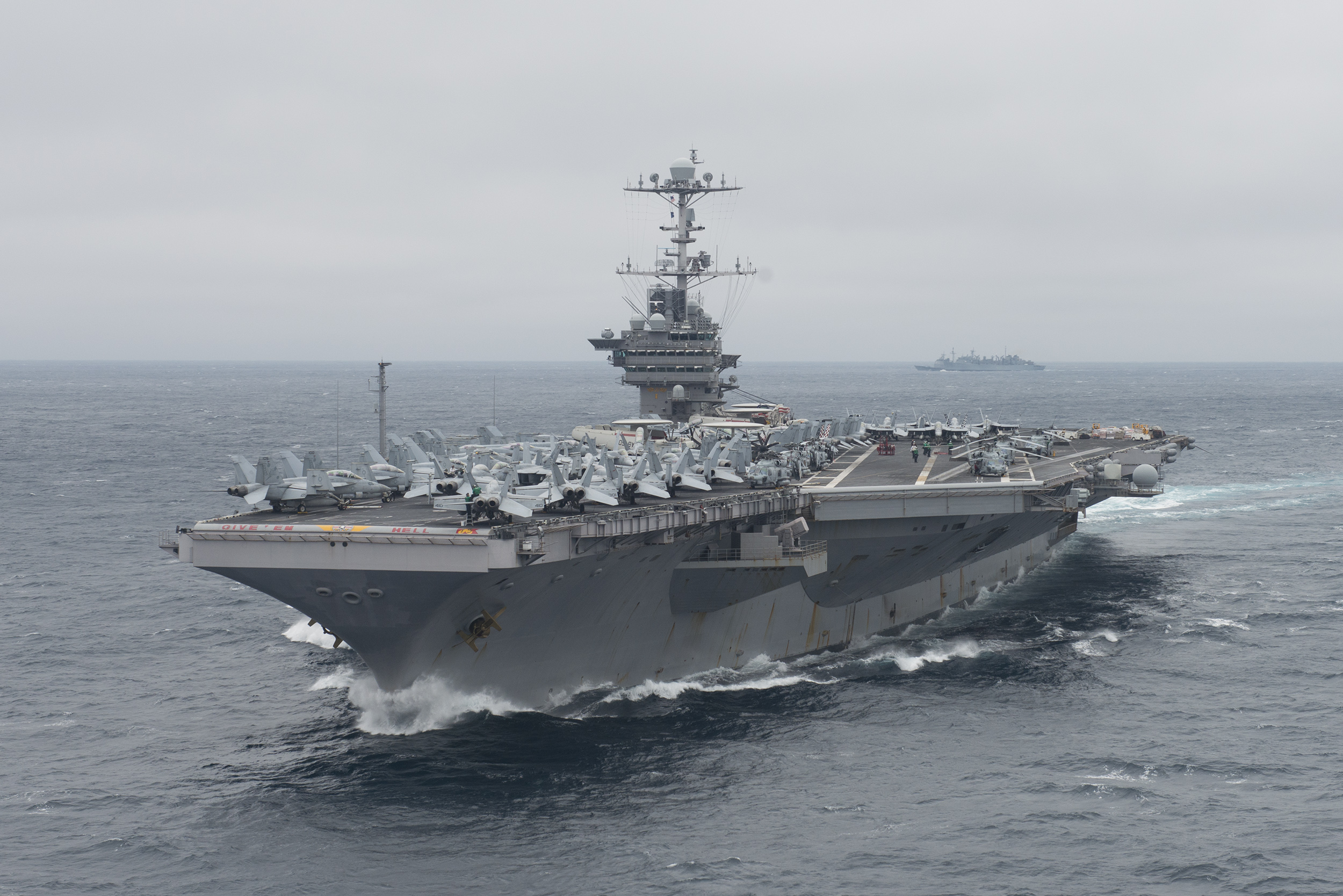 Atlantic Ocean (Feb. 14, 2018) The aircraft carrier USS Harry S. Truman (CVN 75) transits the Atlantic Ocean while conducting its composite training unit exercise (COMPTUEX). Truman is underway for COMPTUEX, which evaluates the strike group's ability as a whole to carry out sustained combat operations from the sea, ultimately certifying the Harry S. Truman Carrier Strike Group for deployment. -