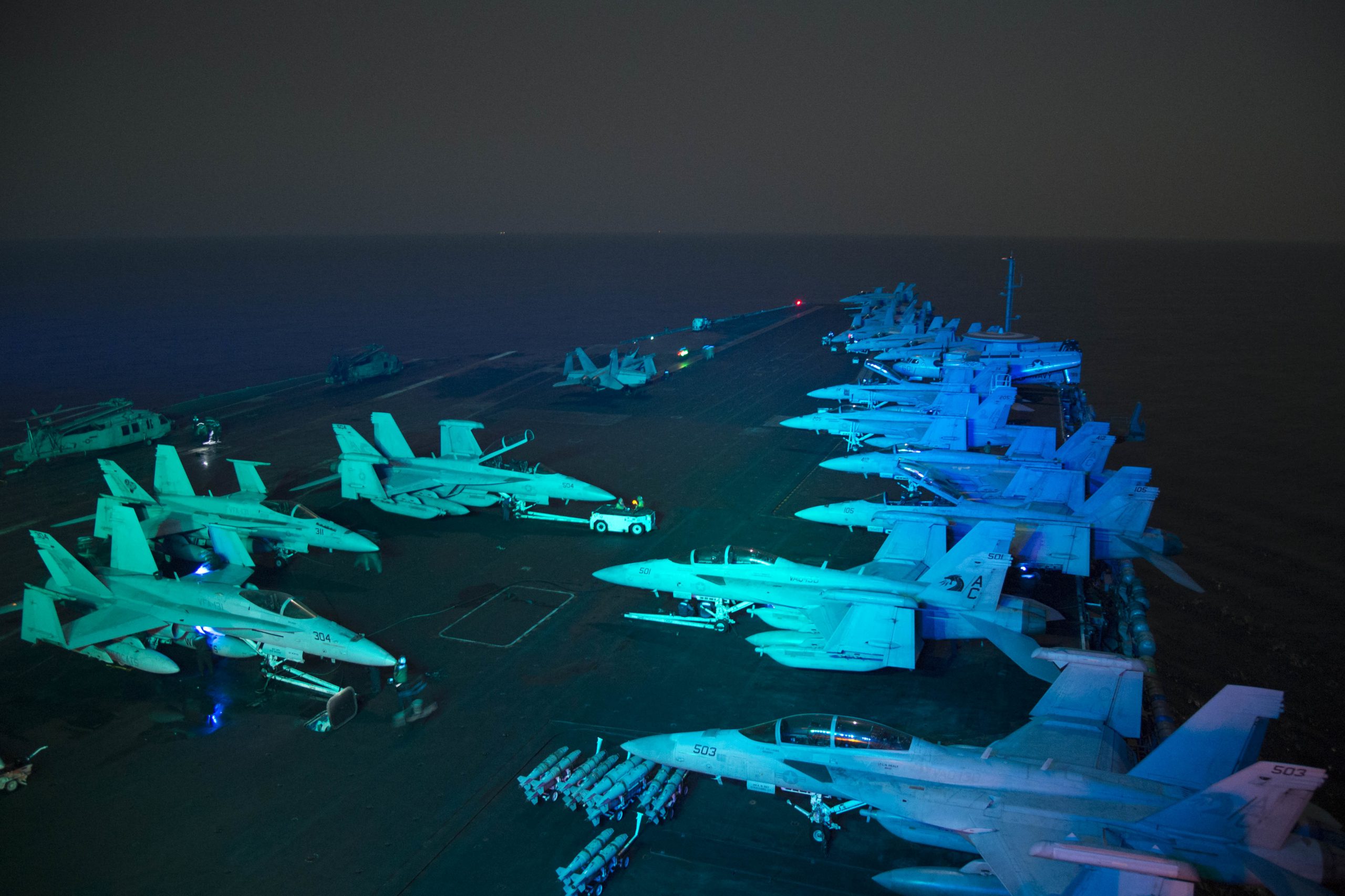 Sailors prepare for flight operations on the flight deck of the aircraft carrier USS Dwight D. Eisenhower in the Persian Gulf, Oct. 19, 2016. The Eisenhower Carrier Strike Group is deployed in support of Operation Inherent Resolve, maritime security operations and theater security cooperation efforts in the U.S. 5th Fleet area of operations. Navy photo by Seaman Dartez C. Williams. -