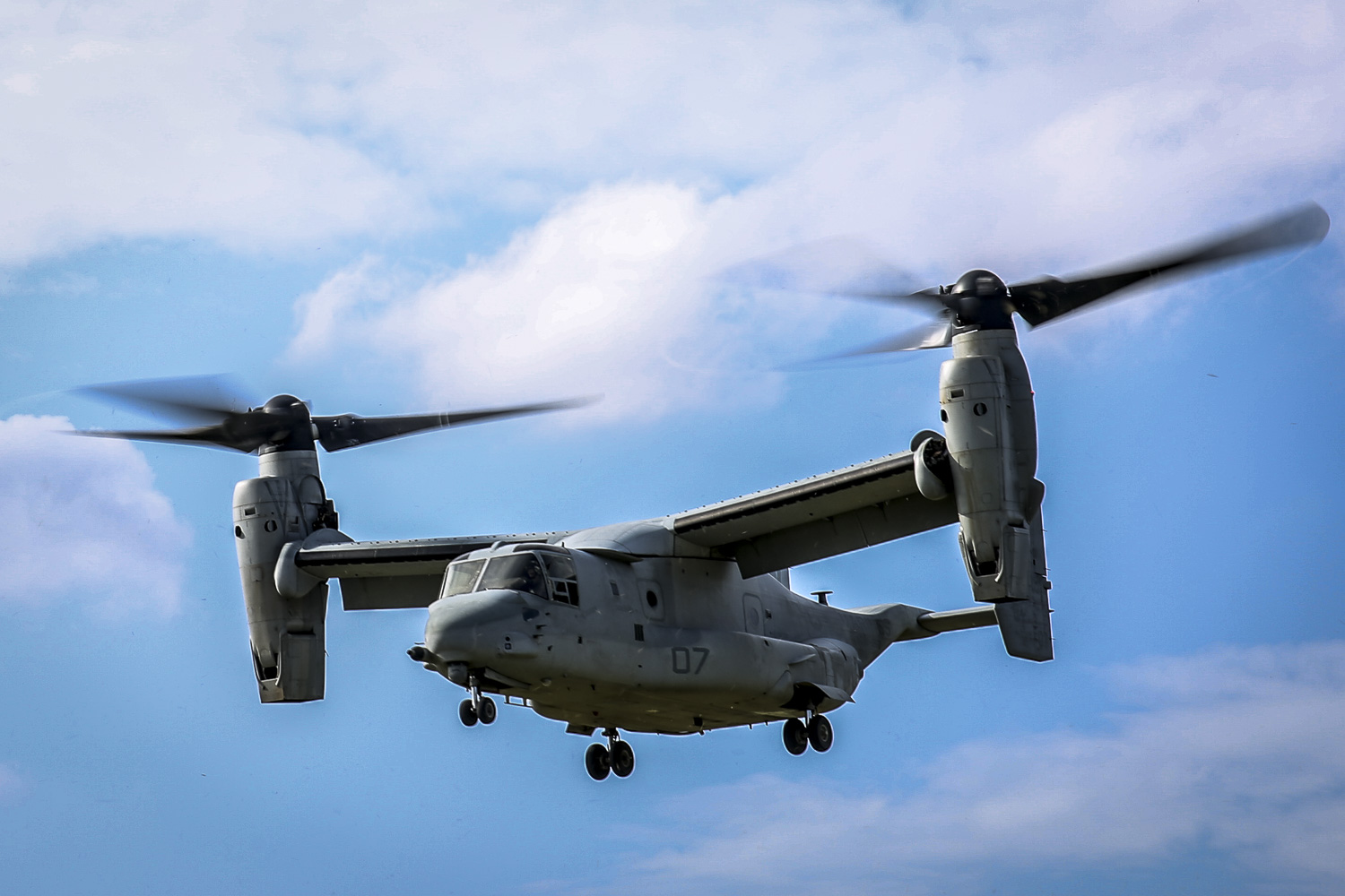 A Marine Corps MV-22B Osprey takes flight after a static display presented by Marines of the 31st Marine Expeditionary Unit to South Korean marines and sailors at Camp Hansen, Okinawa, Japan, Nov. 30, 2016. An Osprey with five crew members aboard landed in shallow water off the coast of Okinawa, Dec.12, 2016. All five were rescued. Marine Corps photo by Lance Cpl. Jorge A. Rosales. -
