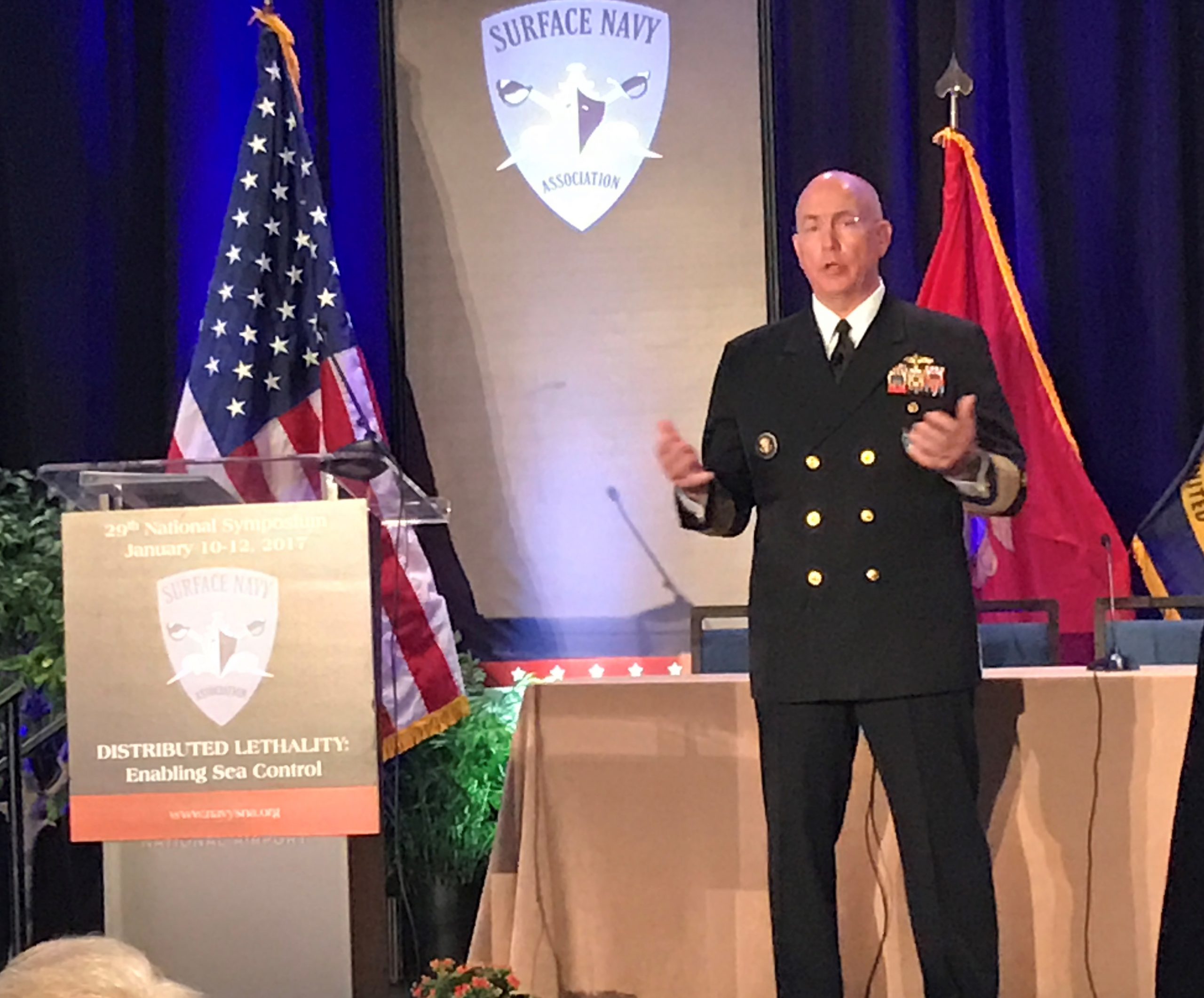Navy Adm. Kurt W. Tidd, commander of U.S. Southern Command, discusses the virtues of sea power in his keynote address at the Surface Navy Association’s 29th National Symposium in Washington, D.C., Jan. 12, 2017. The Jan. 10-12 symposium featured a number of speakers encouraging dialogue and sharing innovations in the surface warfare community. DoD photo by Amaani Lyle. -