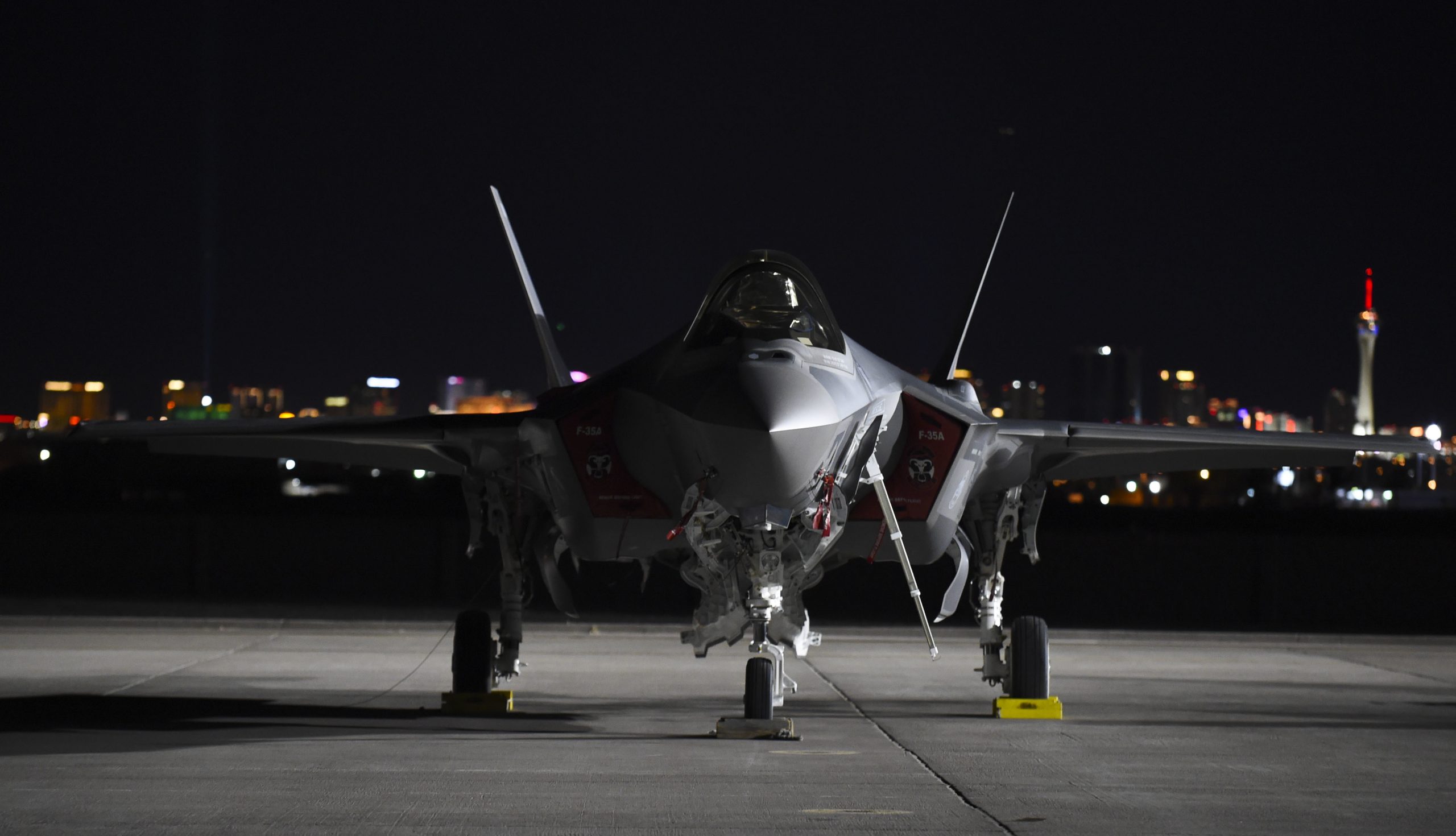 An F-35A Lightning II from the 388th Fighter Wing, Hill Air Force Base, Utah, sits on the flight line during Red Flag 17-1 at Nellis Air Force Base, Nev., Jan. 12, 2017. This was the first-time F-35A crews participated in Red Flag, the Air Force’s premiere air-to-air combat training exercise. Air Force photo by Staff Sgt. Natasha Stannard. -