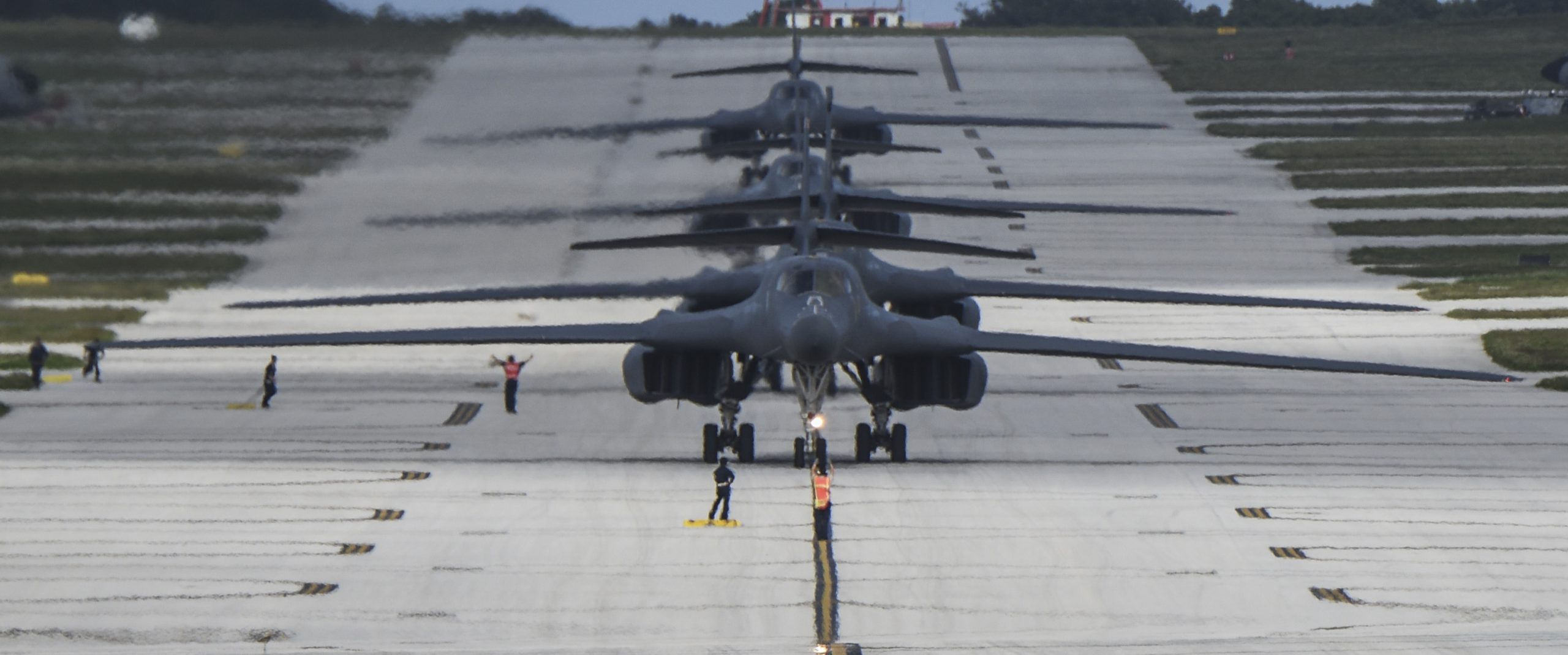 Four U.S. Air Force B-1B Lancer bombers assigned to the 9th Expeditionary Bomb Squadron deployed from Dyess Air Force Base, Texas, arrive at Andersen Air Force Base, Guam, Feb. 6, 2017. The 9th EBS is taking over U.S. Pacific Command’s continuous bomber presence operations. Air Force photo by Tech. Sgt. Richard P. Ebensberger. -
