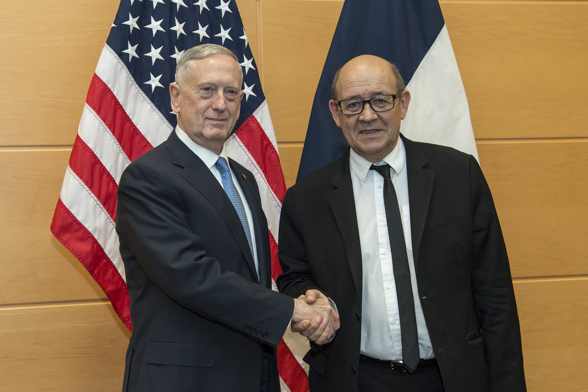Defense Secretary Jim Mattis, left, meets with French Defense Minister Jean-Yves Le Drian at NATO headquarters in Brussels, Feb. 15, 2017. DoD photo by Air Force Tech. Sgt. Brigitte N. Brantley. -