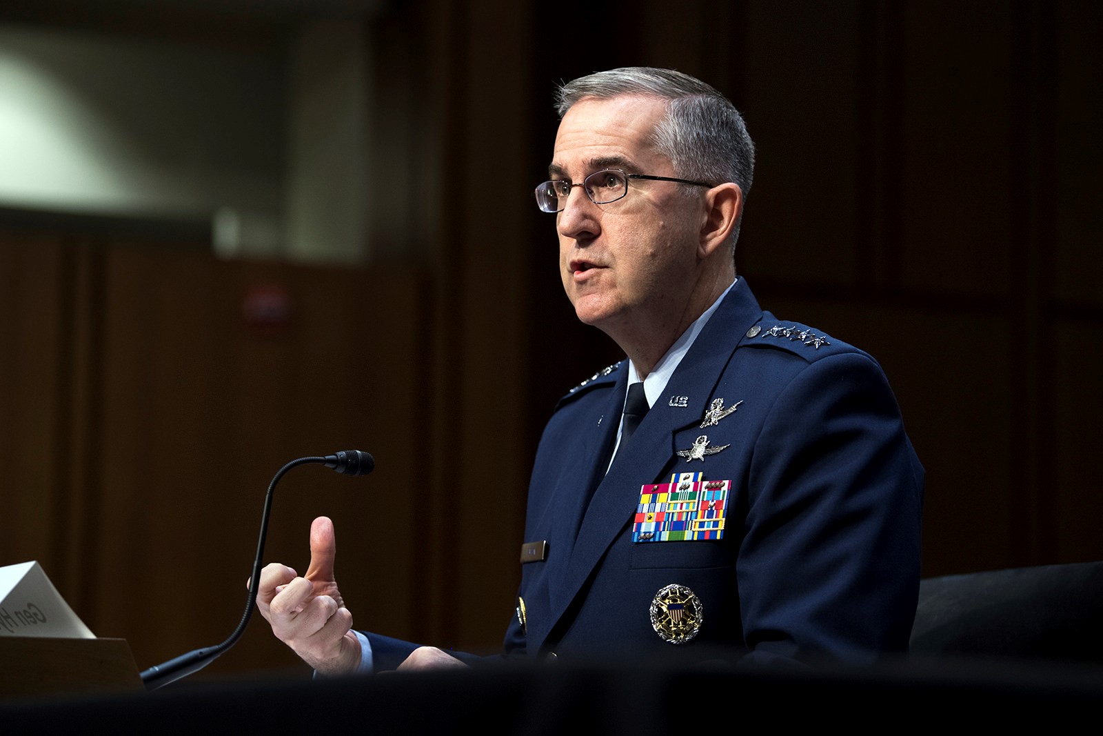 Air Force Gen. John E. Hyten, commander of U.S. Strategic Command, testifies for the Senate Armed Services Committee in Washington, March 20, 2018. DoD photo by EJ Hersom. -