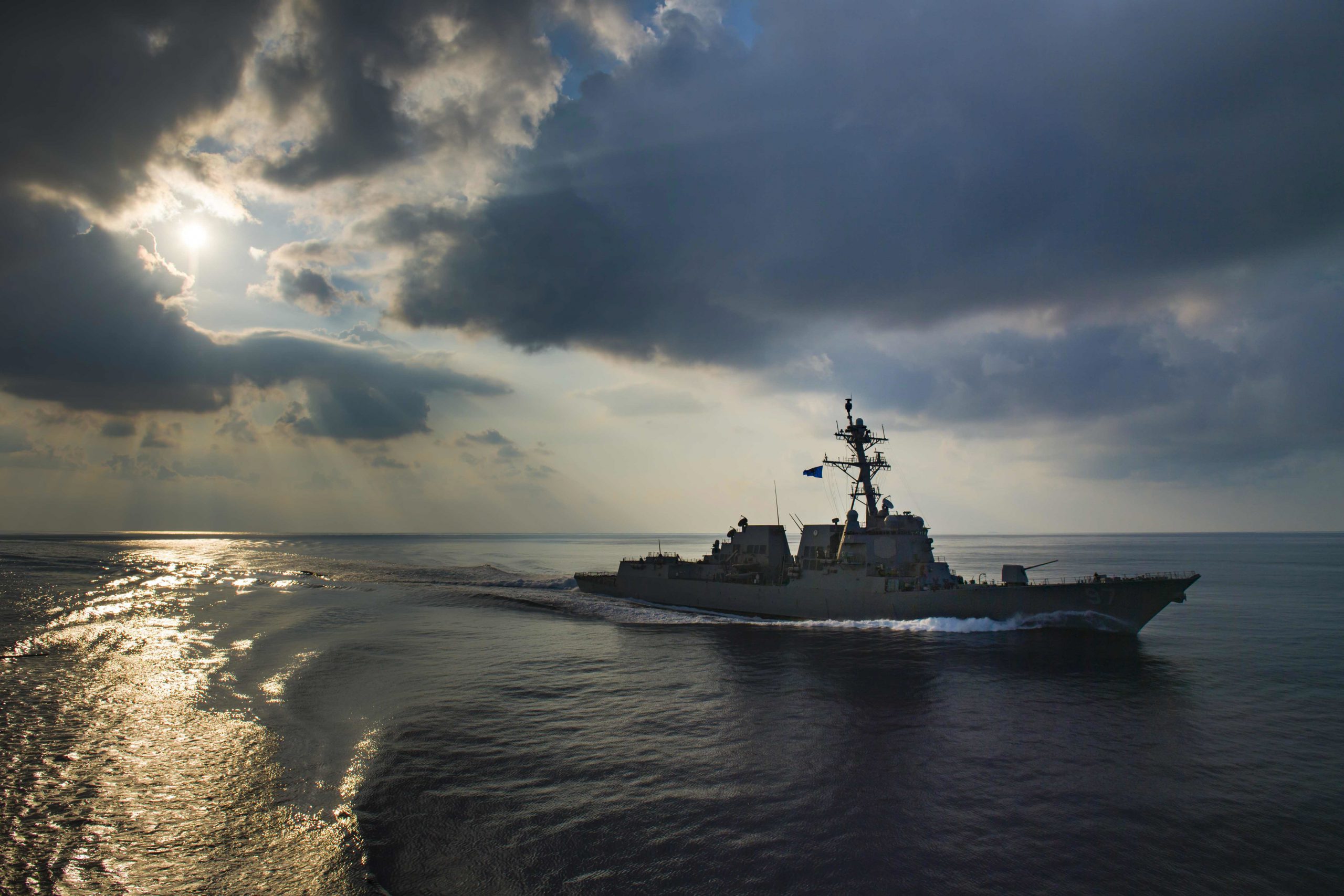 The guided-missile destroyer USS Halsey transits the Indian Ocean, March 28, 2018. The Halsey is among other U.S. Navy vessels and Thai Royal Navy ships participating in the Guardian Sea exercise. Navy photo by Petty Officer 3rd Class Morgan K. Nall. -