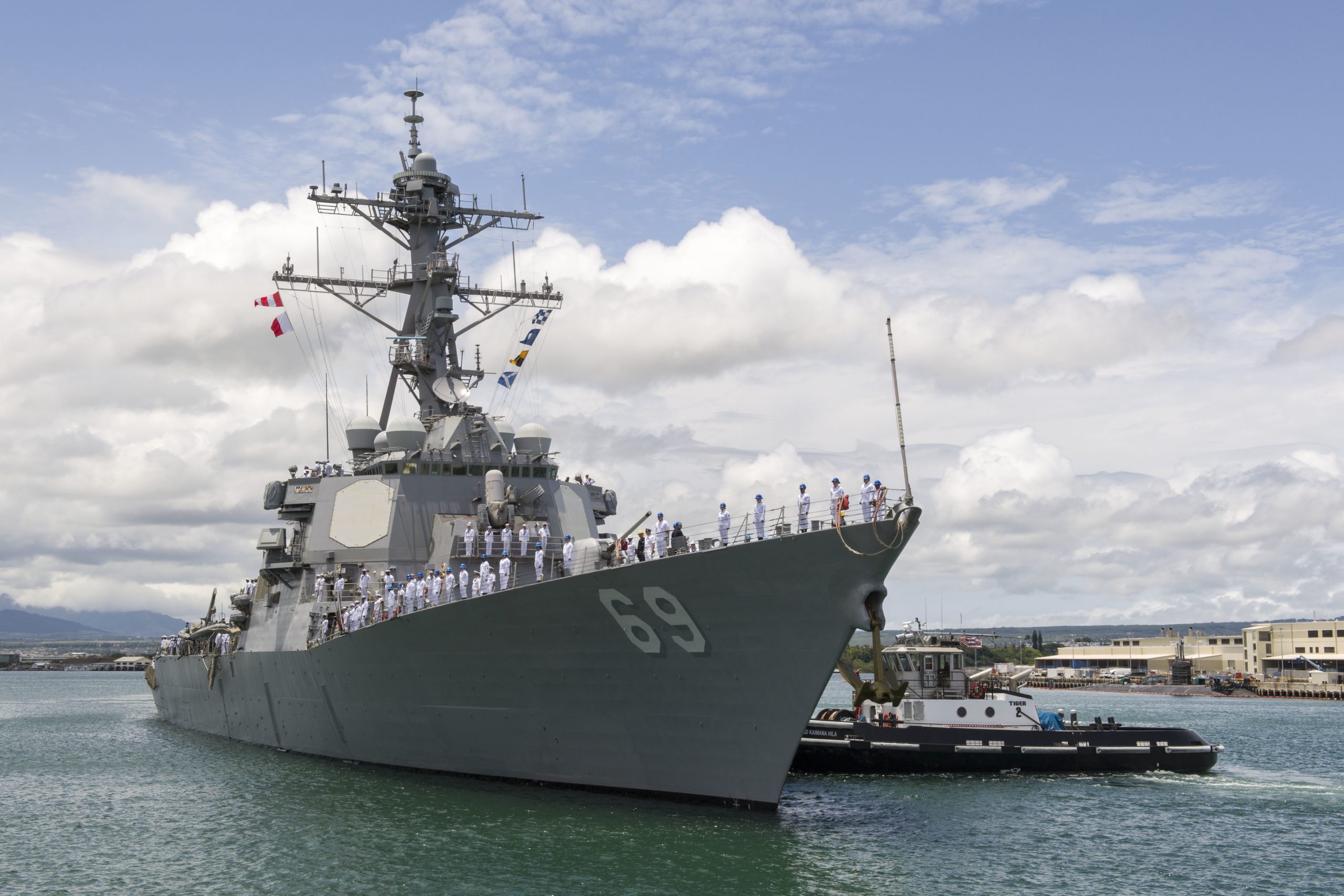 The guided missile destroyer USS Milius arrives in Pearl Harbor, Hawaii, May 3, 2018. The Milius was in transit to Yokosuka, Japan, to join Destroyer Squadron 15. Navy photo by Petty Officer 2nd Class Katarzyna Kobiljak. -