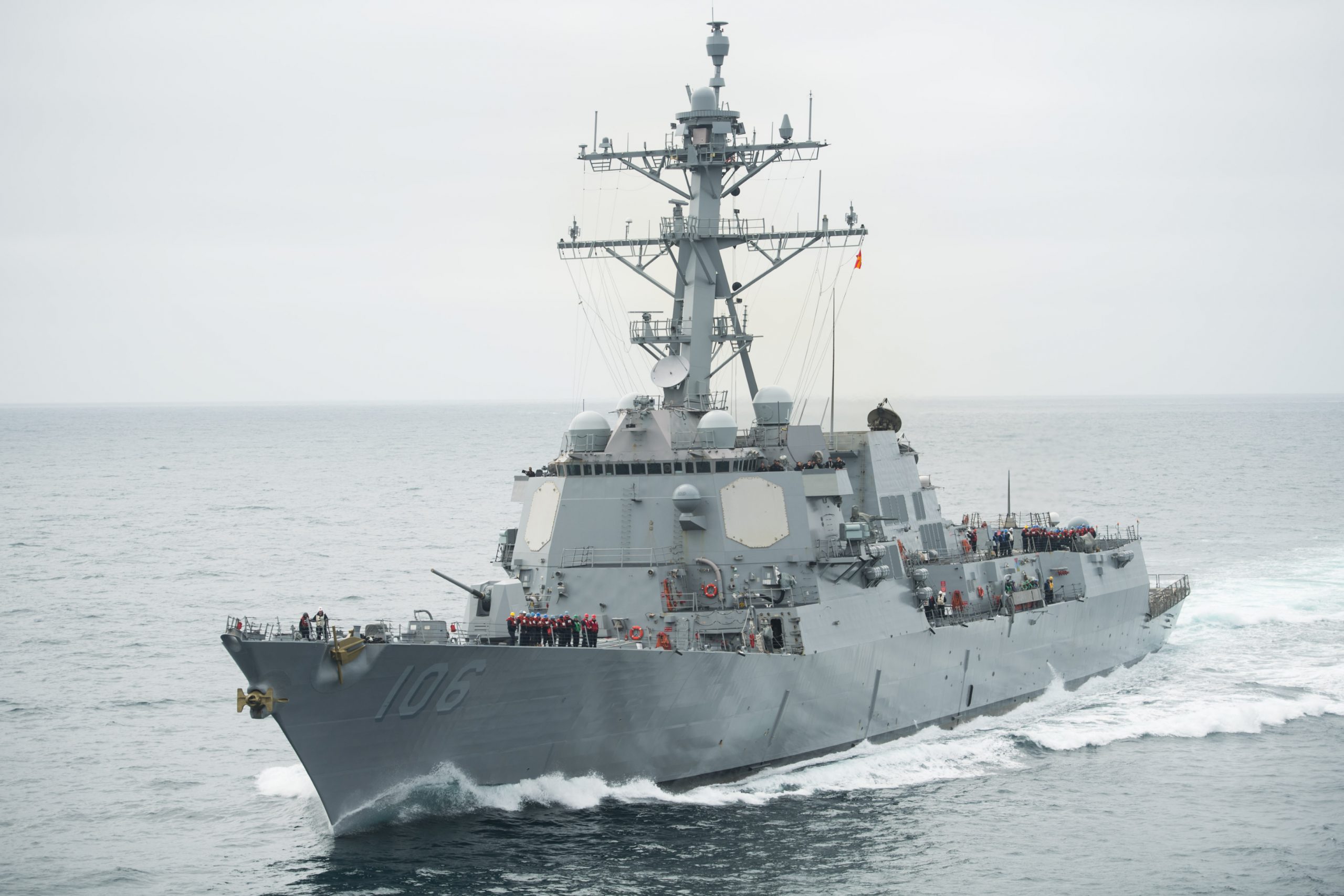 180507-N-UD522-0102 PACIFIC OCEAN (May 7, 2018) The Arleigh Burke-class guided-missile destroyer USS Stockdale (DDG 106) prepares for a replenishment-at-sea with the aircraft carrier USS John C. Stennis (CVN 74). Stockdale is underway with the ships and squadrons of Carrier Strike Group (CSG) 3 conducting group sail training in preparation for its next scheduled deployment. U.S. Navy photo by Mass Communication Specialist 2nd Class David A. Brandenburg. -