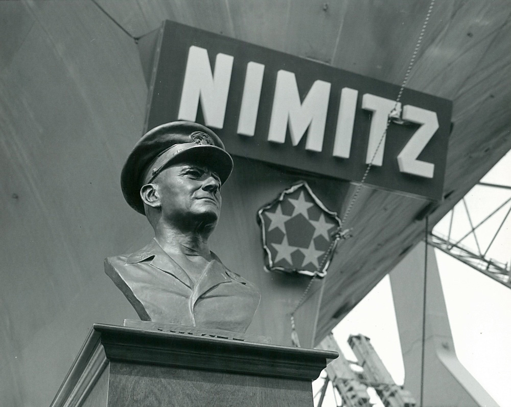 A U.S. Navy file photo of the bust of Fleet Adm. Chester W. Nimitz revealed during the commissioning ceremony for the aircraft carrier USS Nimitz (CVN 68), May 3, 1975 -- U.S. Navy photo provided by USS Nimitz photo archives. -