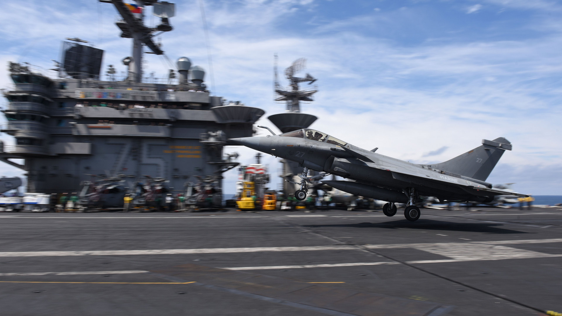 Atlantic Ocean (July 3, 2018) A French Dassault Rafale M Fighter lands on the flight deck of the Nimitz-class aircraft carrier USS Harry S. Truman (CVN 75). Harry S. Truman is deployed as part of an ongoing rotation of U.S. forces supporting maritime security operations in international waters around the globe. (U.S. Navy photo by Mass Communication Specialist 2nd Class Thomas Goole. -