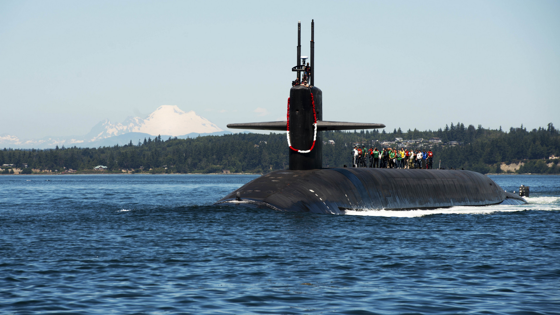 Puget Sound, Wash. (July 12, 2018) The Ohio-class ballistic missile submarine USS Nebraska (SSBN 739) transits the Hood Canal as it returns home to Naval Base Kitsap-Bangor following the boat's first strategic patrol since 2013. Nebraska recently completed a 41-month engineered refueling overhaul, which will extend the life of the submarine for another 20 years. (U.S. Navy photo by Mass Communication Specialist 1st Class Amanda R. Gray.