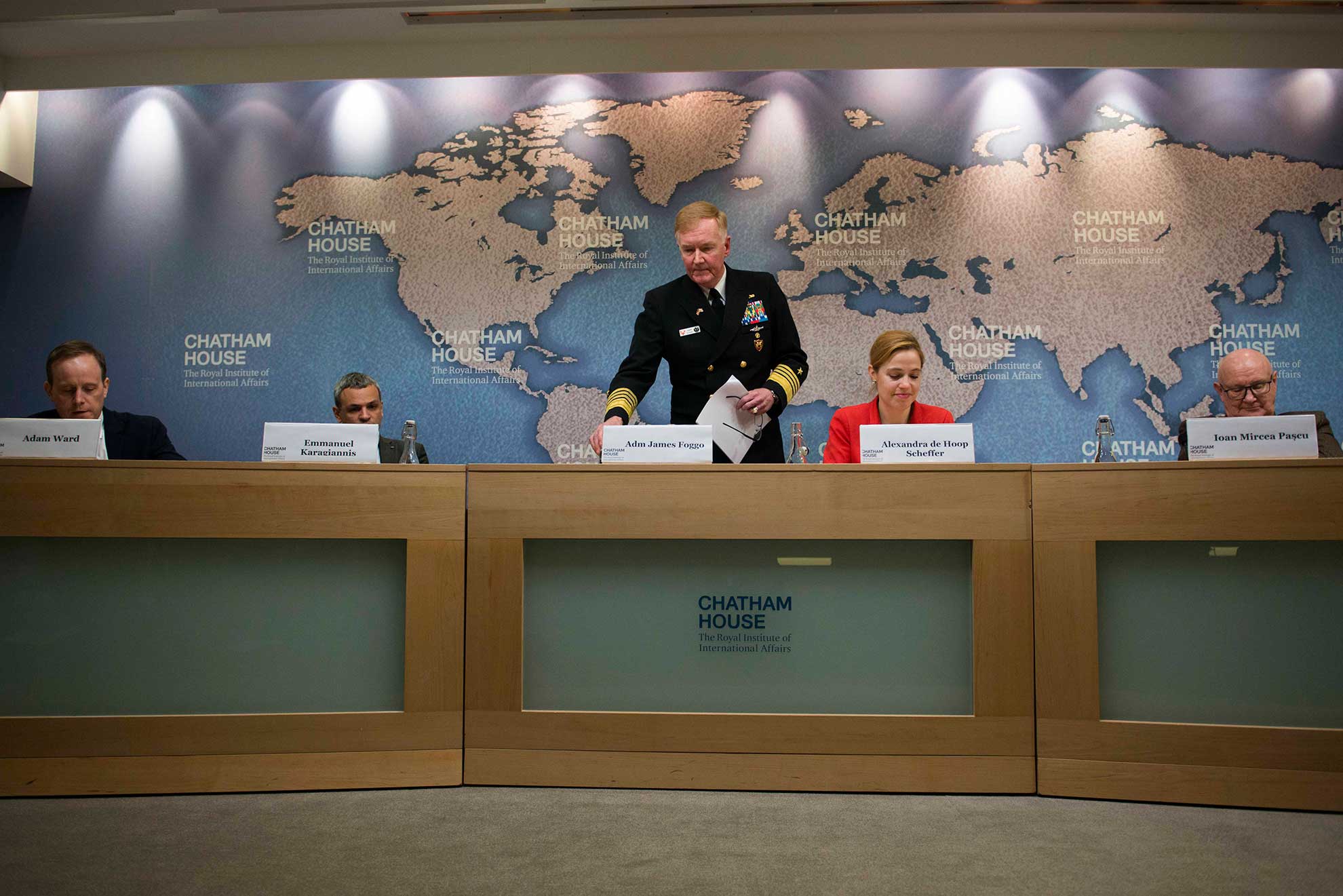 London, U.K. (March 12, 2018) Adm. James G. Foggo III, commander of U.S. Naval Forces Europe-Africa, participates as a panel member at the Chatham House in London. U.S. Naval Forces Europe-Africa, headquartered in Naples, Italy, oversees joint and naval operations, often in concert with allied and interagency partners, to enable enduring relationships and increase vigilance and resilience in Europe and Africa -- U.S. Navy photo by MCS1 Ryan Riley. -