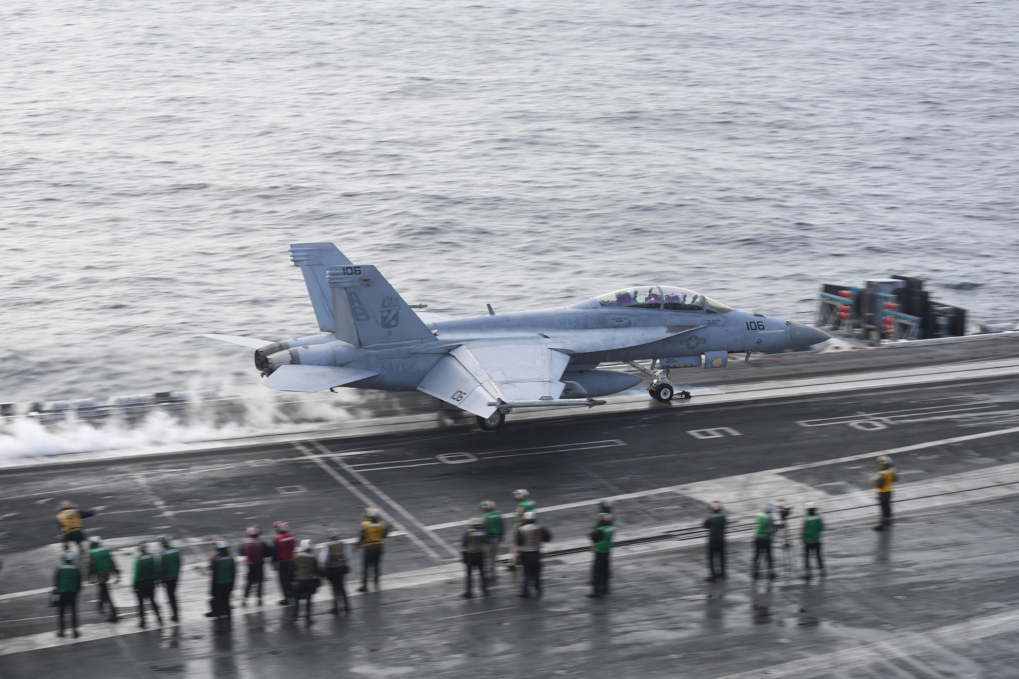 Atlantic Ocean (Sept. 18, 2018) An F/A-18F Super Hornet assigned to the "Red Rippers" of Strike Fighter Squadron (VFA) 11 takes off from the flight deck aboard the Nimitz-class aircraft carrier USS Harry S. Truman (CVN 75) in the North Atlantic, Sept. 18, 2018. The Harry S. Truman Carrier Strike Group is deployed to the U.S. 6th Fleet area of operations, demonstrating commitment to regional allies and partners, combat power, and the flexibility of U.S. naval forces to operate wherever and whenever the nation requires -- U.S. Navy photo by MCS Seaman Joseph A.D. Phillips. -