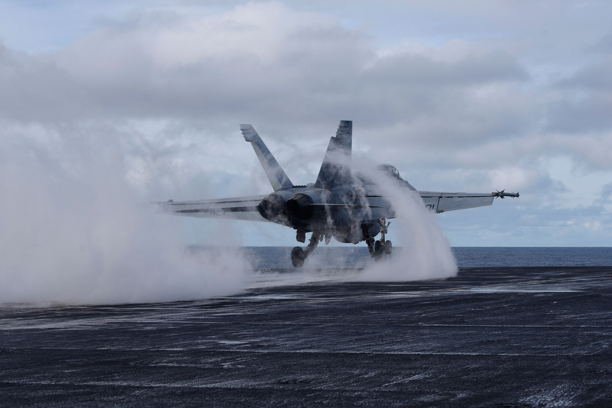 North Atlantic (Sept. 18, 2018) An F/A-18E Super Hornet assigned to the "Sunliners" of Strike Fighter Squadron (VFA) 81 launches from the flight deck during flight operations aboard the Nimitz-class aircraft carrier USS Harry S. Truman (CVN 75) in the North Atlantic, Sept. 18, 2018. The Harry S. Truman Carrier Strike Group is deployed to the U.S. 6th Fleet area of operations, demonstrating commitment to regional allies and partners, combat power, and flexibility of U.S. naval forces to operate wherever and whenever the nation requires -- U.S. Navy photo by MCS2 Anthony Flynn. -