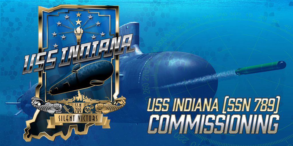 Washington D.C. (Sept. 27, 2018) A graphic designed for use on social media of an artist's rendering of a Virginia-class fast attack submarine and the official crest of the USS Indiana (SSN 789) -- U.S. Navy graphic by Kay Sisson. -