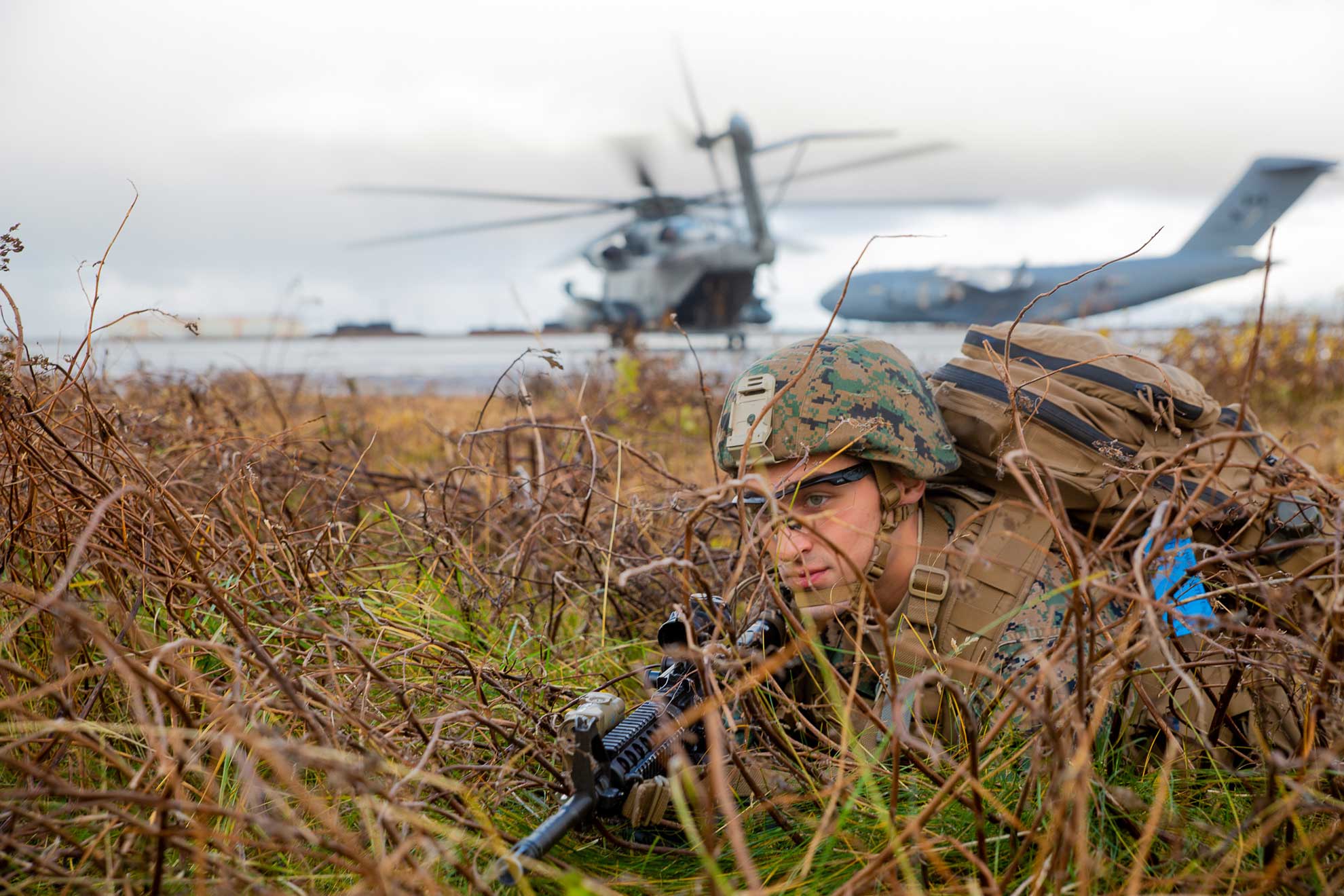 Keflavik, Iceland (Oct. 17, 2018) A U.S. Marine assigned to the 24th Marine Expeditionary Unit (MEU) posts security at Keflavik Air Base in Iceland, Oct. 17, 2018, during Exercise Trident Juncture 18. Trident Juncture training in Iceland promotes key elements of preparing Marines to conduct follow-on training in Norway in the later part of the exercise -- U.S. Marine Corps photo by Lance Cpl. Menelik Collins. -