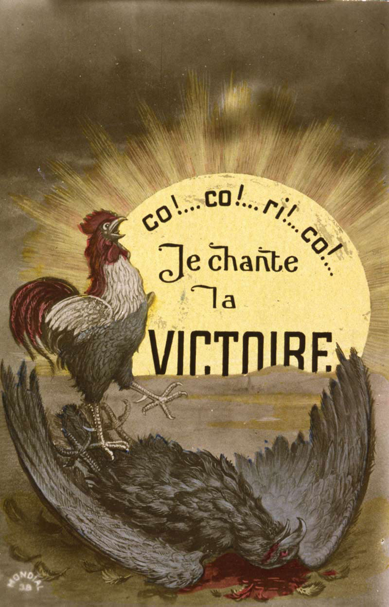 French rooster singing after victory -- Bordes painting. -