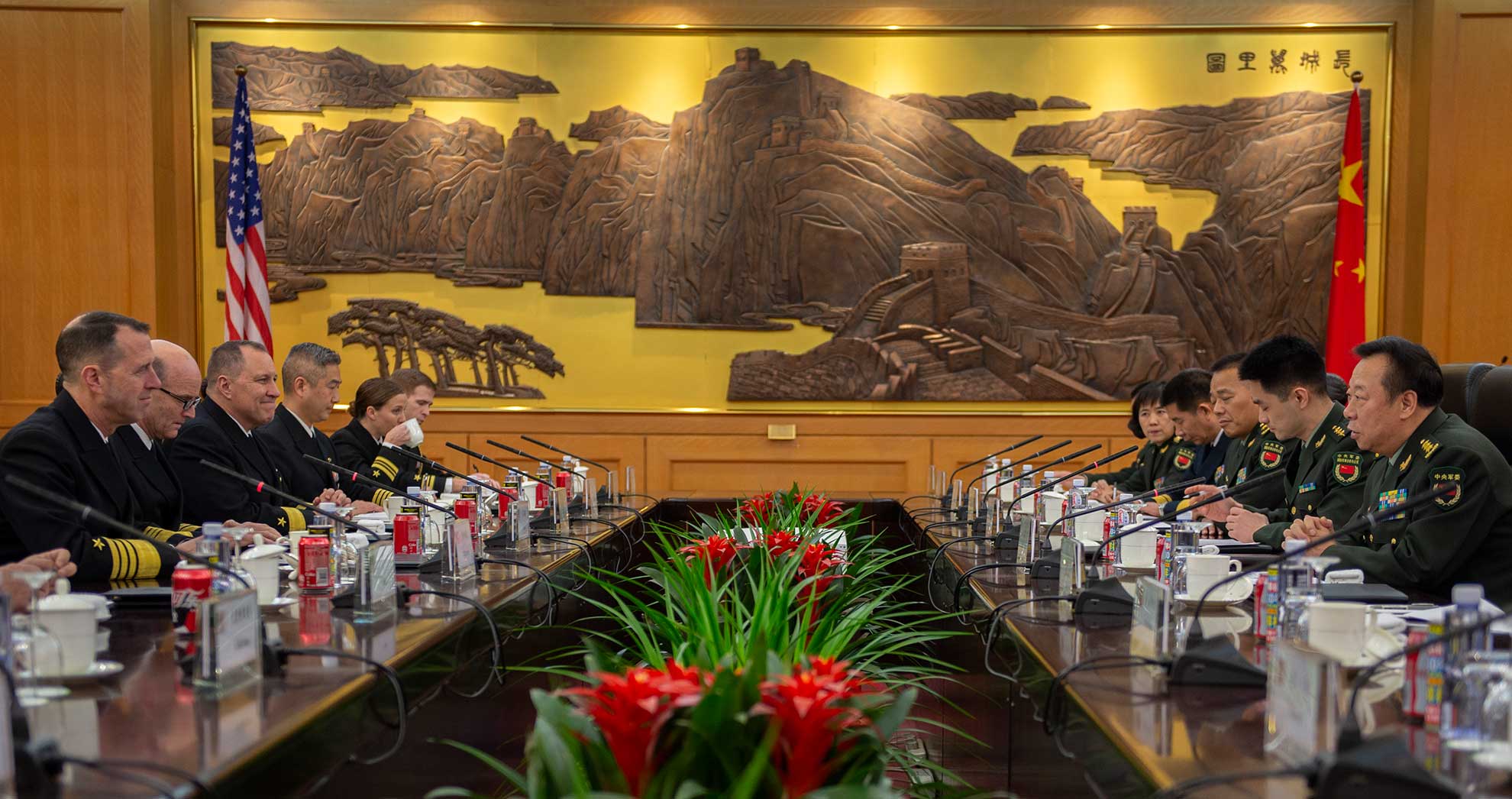 Beijing, China (Jan. 15, 2019) CNO Adm. John Richardson meets with Chief of Staff of the Joint Staff Department under China's Central Military Commission (CMC) Gen. Li Zuocheng and other senior Chinese defense officials in Beijing. Richardson is on a three-day visit to Beijing and Nanjing to continue the ongoing dialog between the two militaries and encourage professional interactions at sea, specifically addressing risk reduction and operational safety measures to prevent unwanted and unnecessary escalation -- U.S. Navy Photo by Chief MCS Elliott Fabrizio. -
