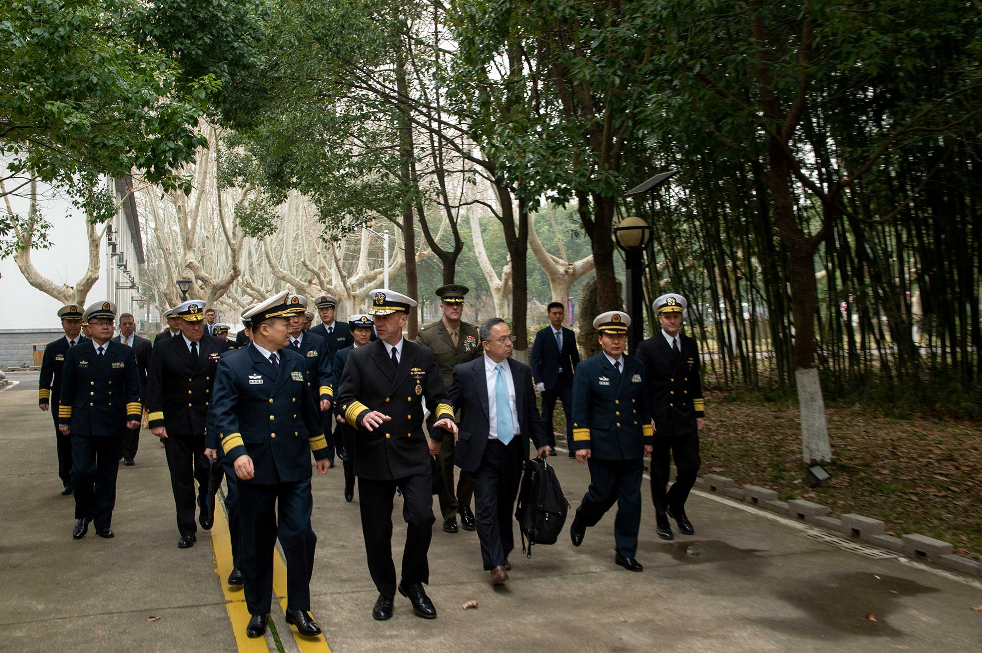 Nanjing, China China (Jan. 15, 2019) Chief of Naval Operations (CNO) Adm. John Richardson visits the People's Liberation Army (Navy) (PLA(N)) Command College for a roundtable discussion where he underscored the importance of lawful and safe operations around the globe. Richardson is on a three-day visit to Beijing and Nanjing to continue the ongoing dialog between the two militaries and encourage professional interactions at sea, specifically addressing risk reduction and operational safety measures to prevent unwanted and unnecessary escalation -- U.S. Navy Photo by Chief MCS Elliott Fabrizio. -