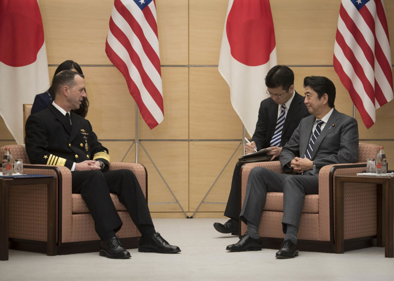 Tokyo, Japan (Jan. 17, 2019) Chief of Naval Operations (CNO) Adm. John Richardson, left, met with Japanese Prime Minister Shinzo Abe to further strengthen military ties between the United States and Japan. Richardson reaffirmed the U.S. Navy™s commitment to maintaining security cooperation with the Japan Maritime Self-Defense Force (JMSDF) and broadening and strengthening global maritime awareness and access with Japan and the region. The U.S. Navy and the JMSDF routinely conduct combined maritime exercises and operate together to promote peace and security in the Indo-Pacific region -- U.S. Navy photo by Chief MCS Elliott Fabrizio. -