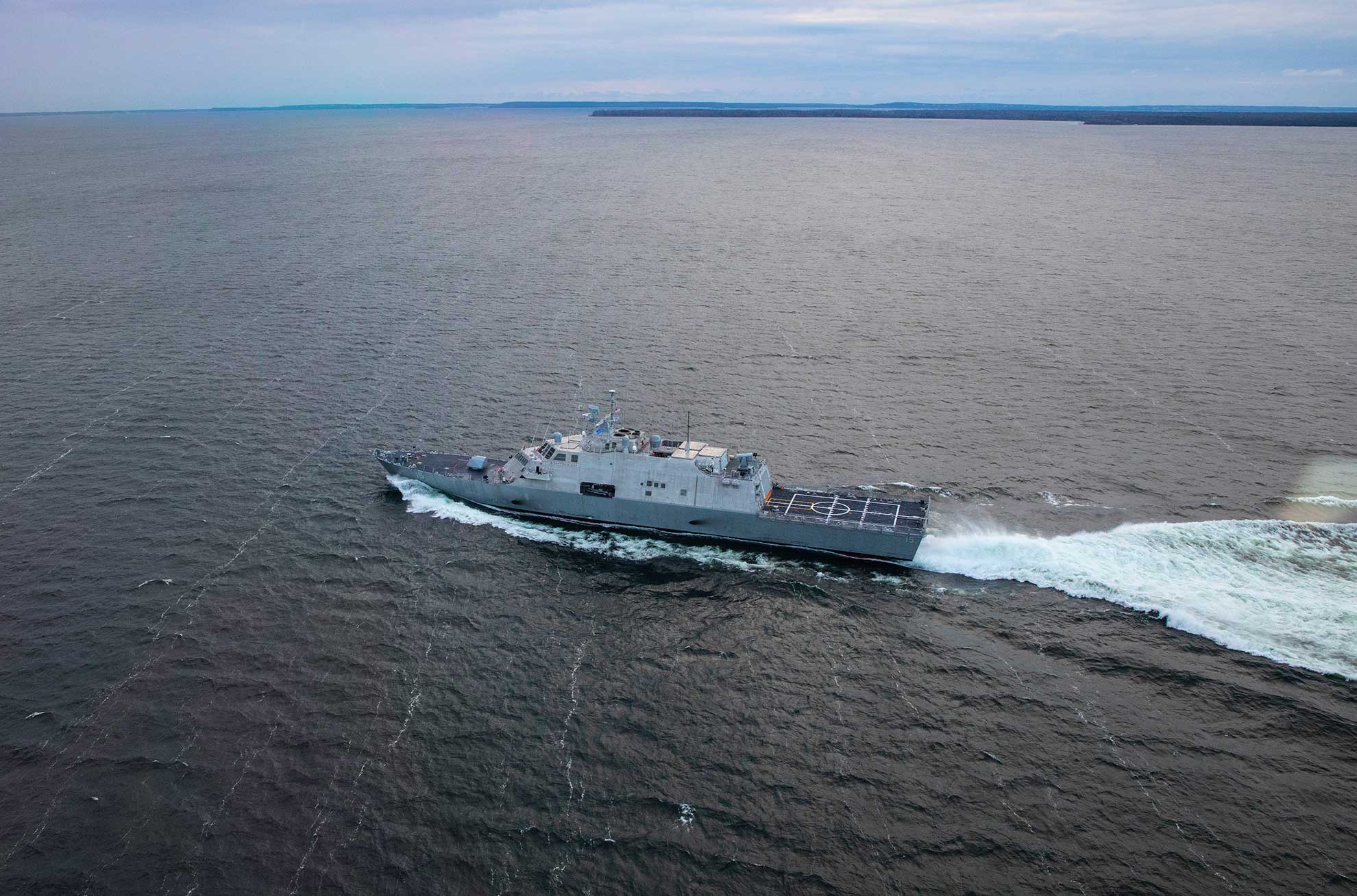 Marinette, Wis. (Dec. 6, 2018) The future littoral combat ship USS Billings (LCS 15) conducts acceptance trials on Lake Michigan, Dec. 6, 2018. Billings is the 17th littoral combat ship, an adaptable platform designed to support focused mine countermeasures, anti-submarine warfare and surface warfare missions -- U.S. Navy photo courtesy of Lockheed Martin. -