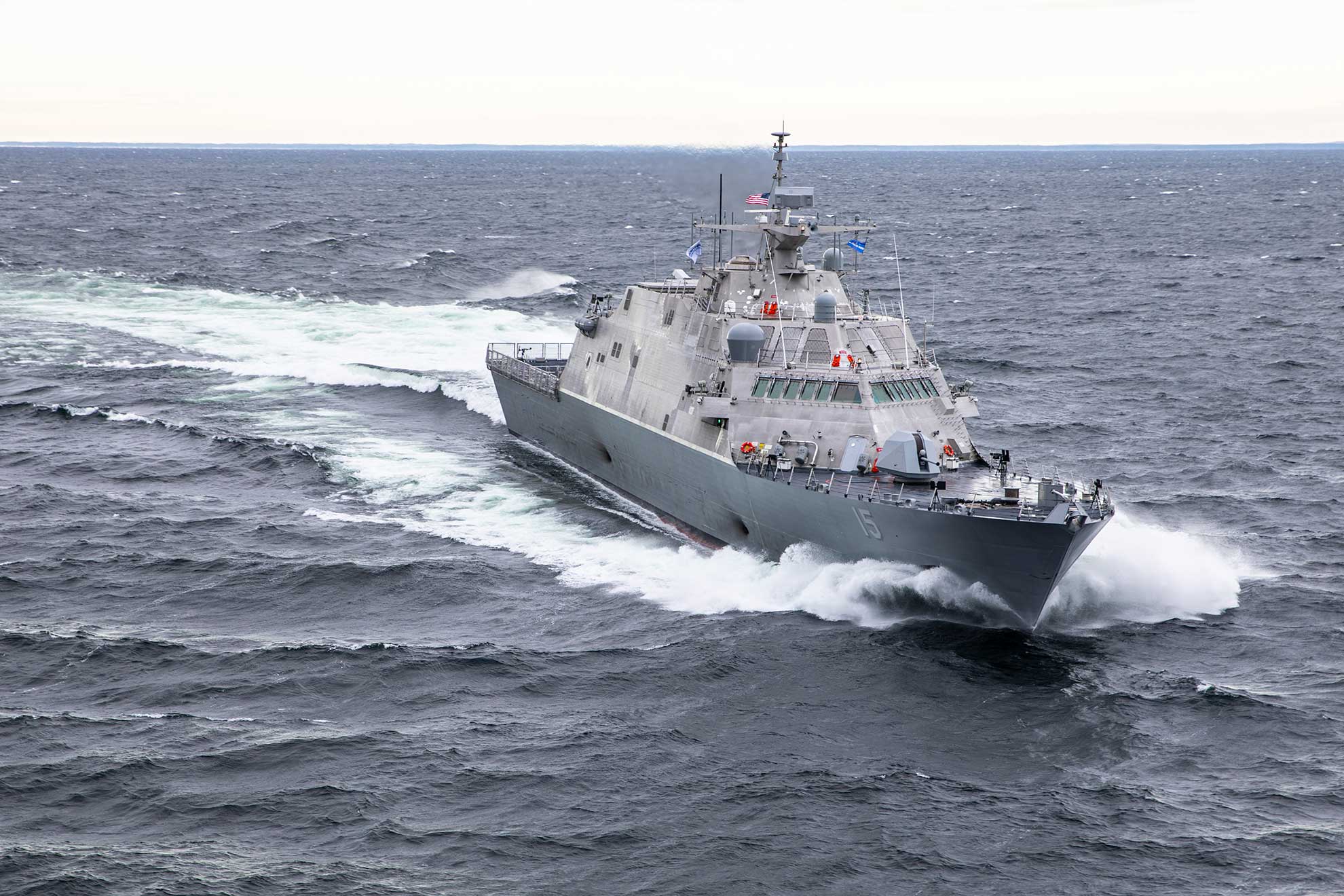 Marinette, Wis. (Dec. 6, 2018) The future littoral combat ship USS Billings (LCS 15) conducts acceptance trials on Lake Michigan, Dec. 6, 2018. Billings is the 17th littoral combat ship, an adaptable platform designed to support focused mine countermeasures, anti-submarine warfare and surface warfare missions -- U.S. Navy photo courtesy of Lockheed Martin. -