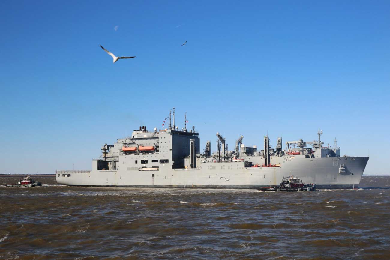 Norfolk, Va. (Feb. 25, 2019) The Military Sealift Command dry cargo ammunition ship USNS Medgar Evers (T-AKE 13) departs Naval Station Norfolk Feb. 25. Medgar Evers is scheduled to complete an overseas deployment in support of U.S. Navy forces operating in the U.S. Sixth Fleet™s area of responsibility -- U.S. Navy Photo by Jennifer Hunt. -