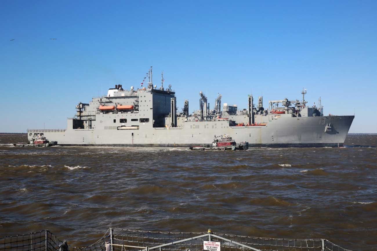 Norfolk (Feb. 25, 2019) The Military Sealift Command dry cargo ammunition ship USNS Medgar Evers (T-AKE 13) departs Naval Station Norfolk Feb. 25. Medgar Evers is scheduled to complete an overseas deployment in support of U.S. Navy forces operating in the U.S. Sixth Fleet™s area of responsibility -- U.S. Navy Photo by Jennifer Hunt. -