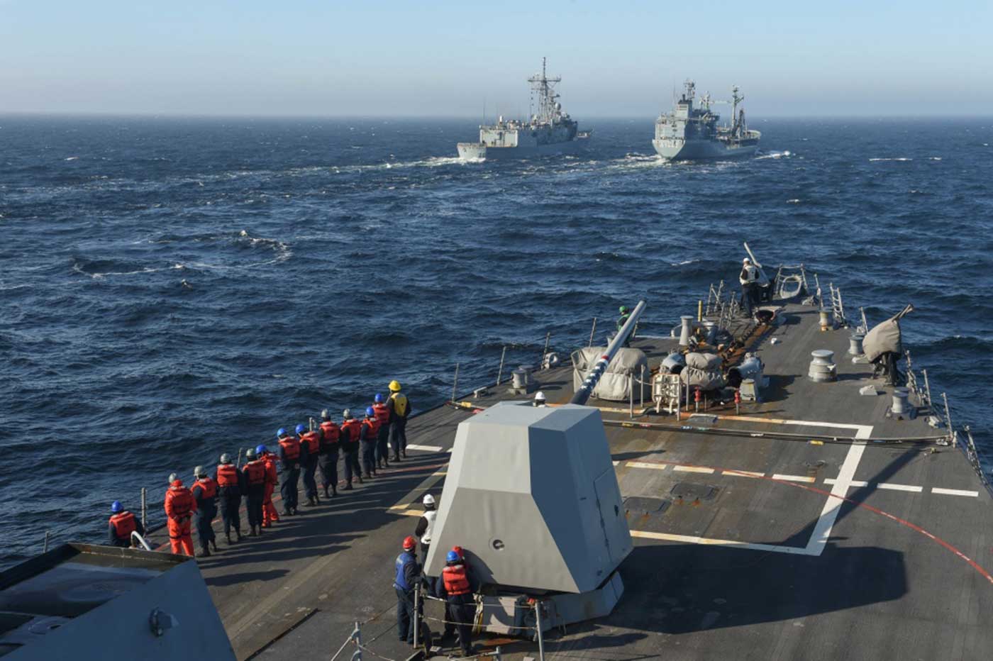 Baltic Sea (Feb. 28, 2019) The guided-missile destroyer USS Gravely (DDG 107) approaches the German navy replenishment tanker FGS Spessart (A 1442) in preparation for a replenishment at sea. Gravely is underway on a regularly-scheduled deployment as the flagship of Standing NATO Maritime Group 1 to conduct maritime operations and provide a continuous maritime capability for NATO in the northern Atlantic -- U.S. Navy photo by MCS 2nd Class Mark Andrew Hays. -