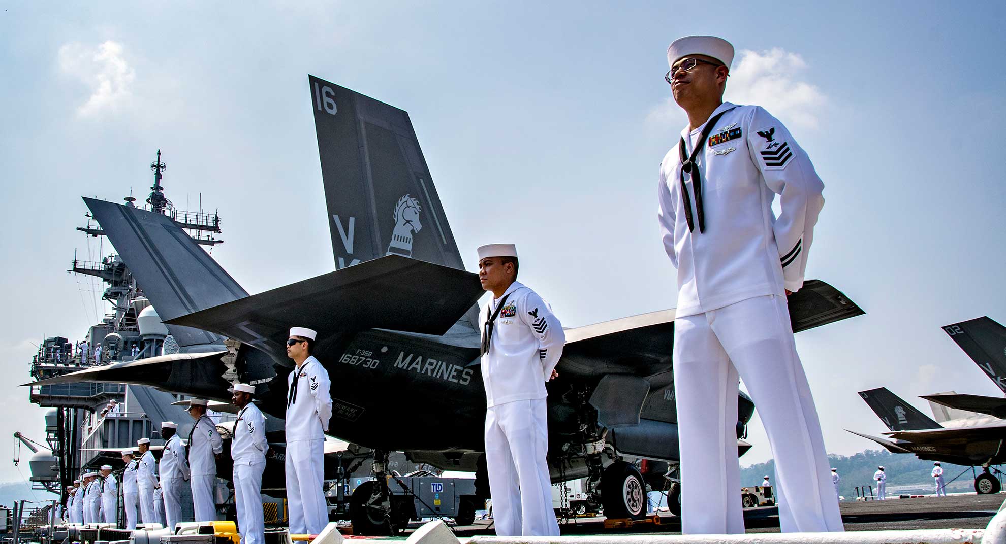 Subic Bay, Philippines (March 30, 2019) Sailors aboard the amphibious assault ship USS Wasp (LHD 1) man the rails while arriving in Subic Bay for Exercise Balikatan. Exercise Balikatan, in its 35th iteration, is an annual U.S., Philippine military training exercise focused on a variety of missions, including humanitarian assistance and disaster relief, counter-terrorism, and other combined military operations -- U.S. Navy photo by MCS 1st Class Daniel Barker. -